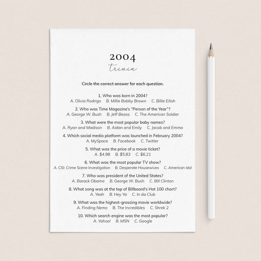 2004 Quiz and Answers Printable | All About The Year 2004 Trivia by LittleSizzle
