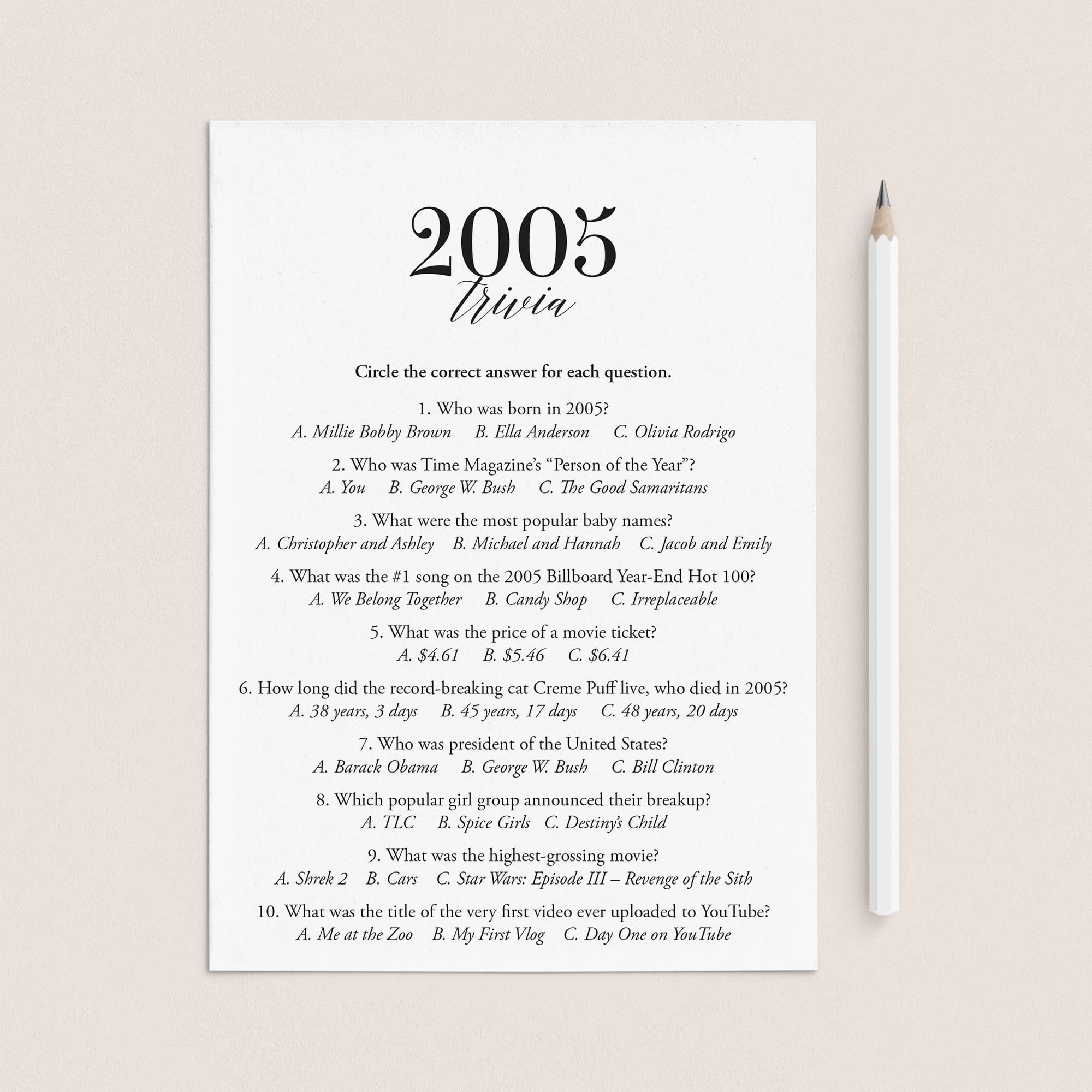 2005 Trivia Quiz with Answer Key Instant Download by LittleSizzle