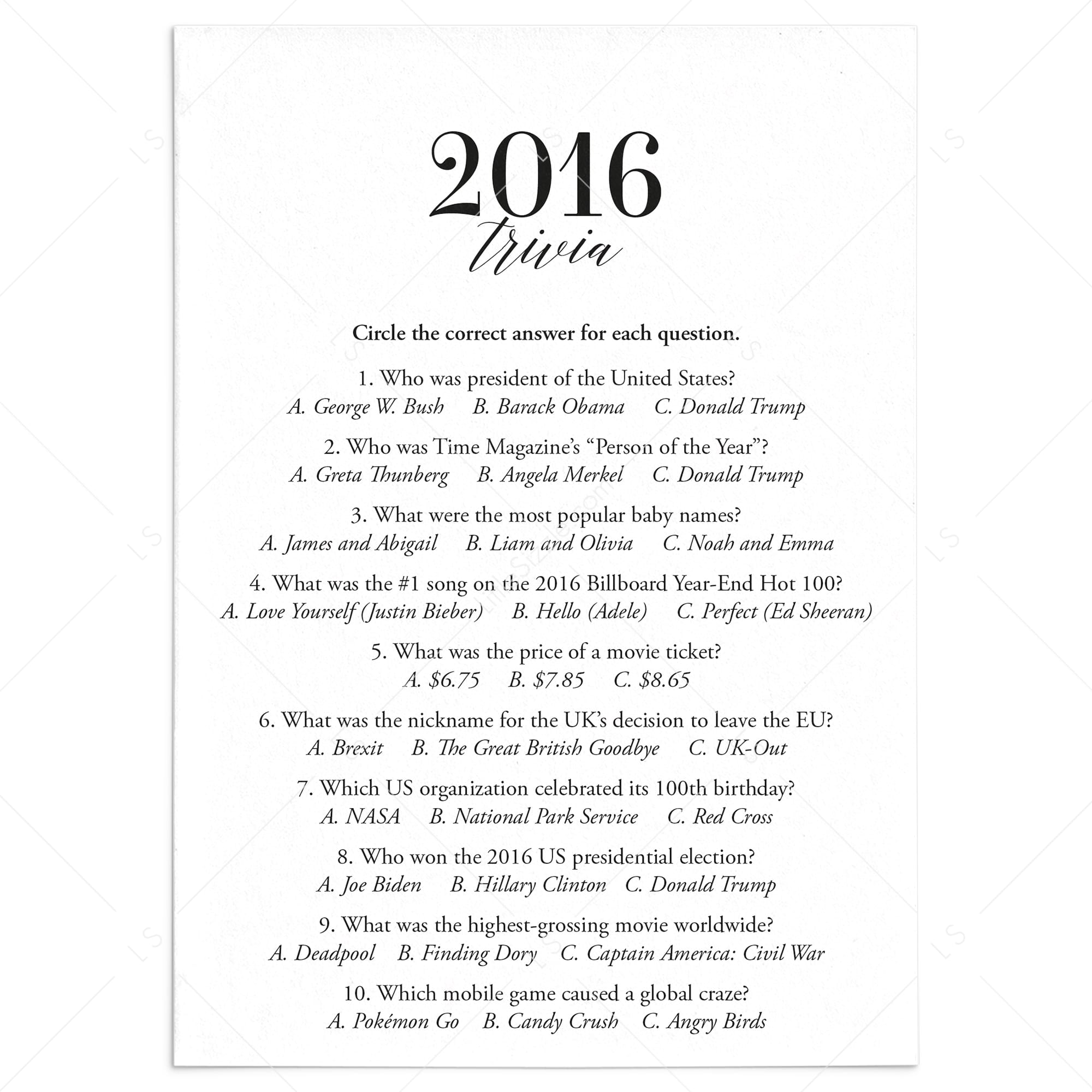 2016 Trivia Quiz with Answer Key Instant Download by LittleSizzle