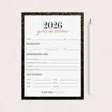 A 2026 year in review planner page with a black glitter border, shown on a light beige background next to a white pencil.