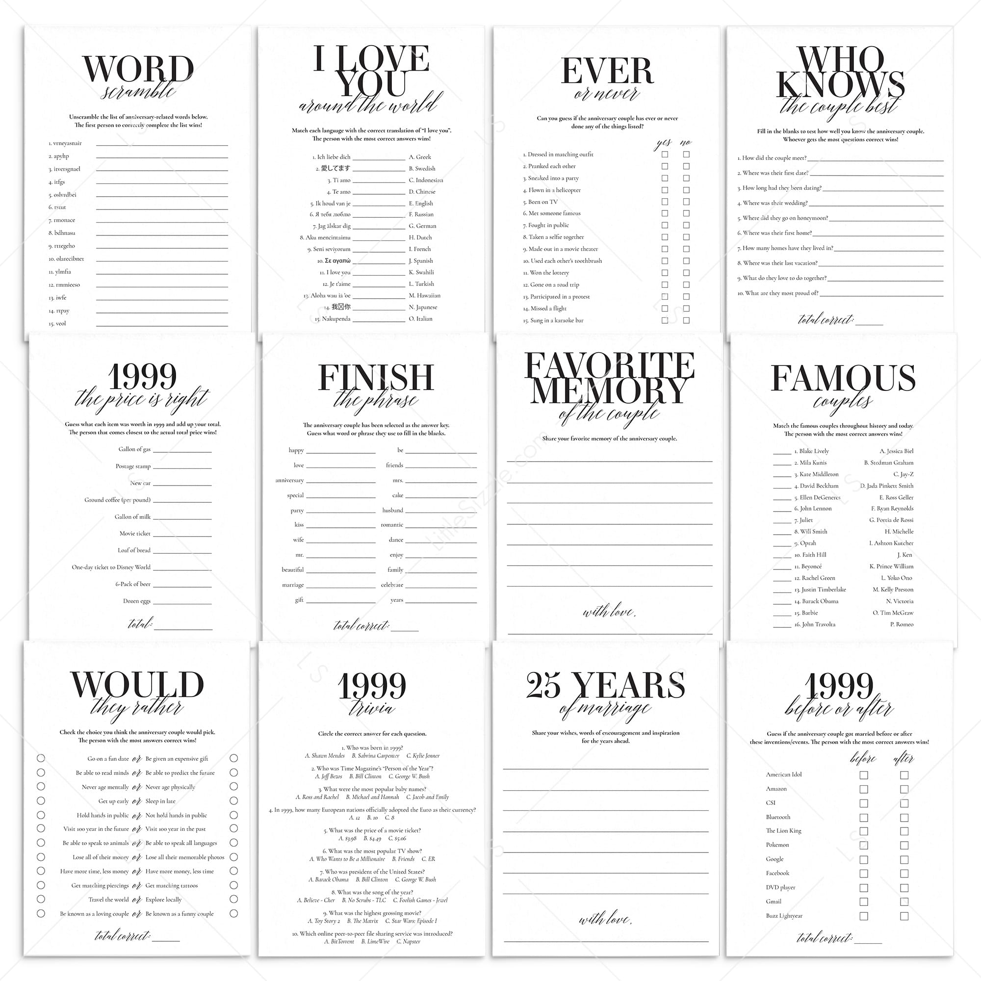 Married in 1999 25th Wedding Anniversary Party Games Bundle by LittleSizzle