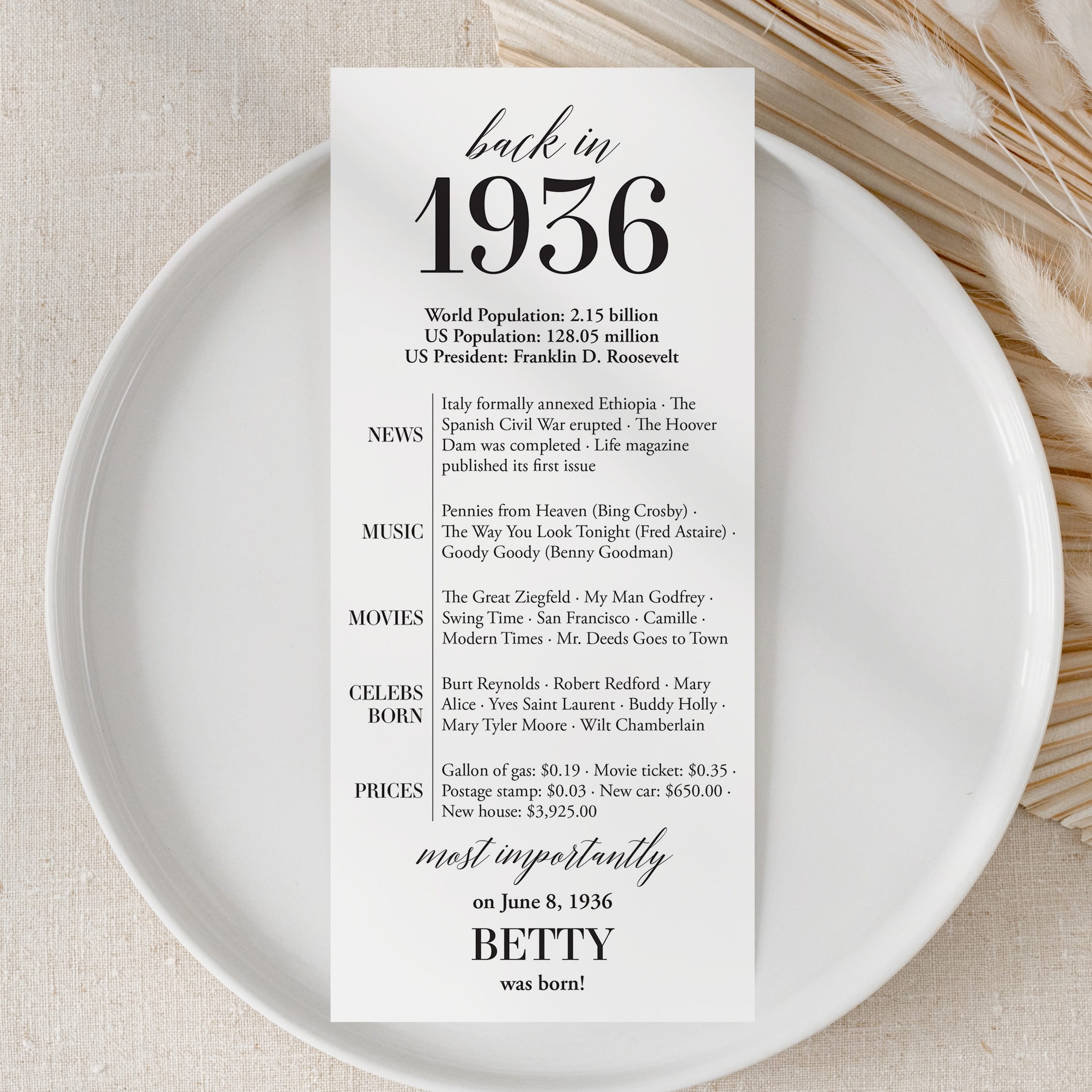 90th Birthday Party Decorations Back in 1936 Table Card by LittleSizzle