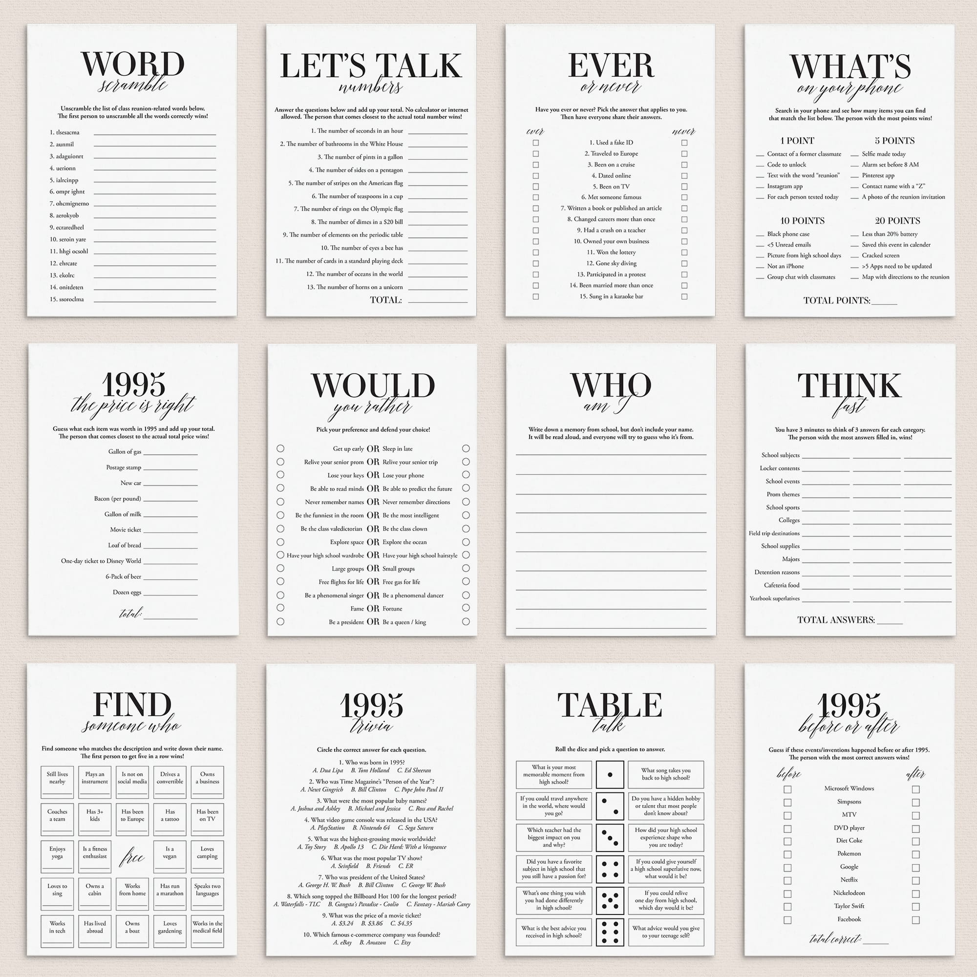 30th Class Reunion Games Printable Class of 1995 High School Reunion by LittleSizzle