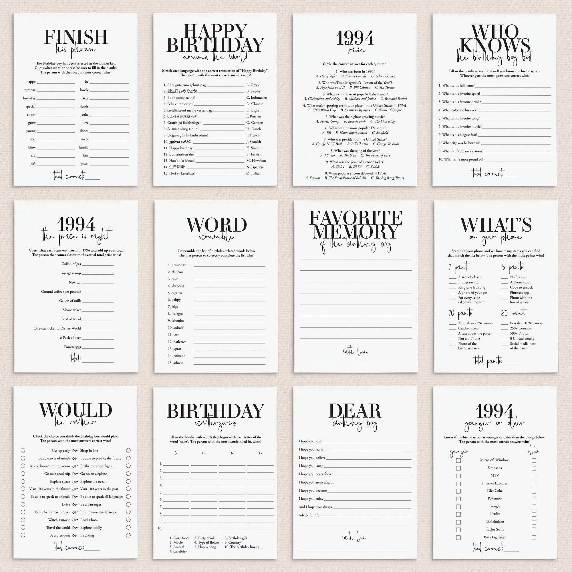 Born in 1994 31st Birthday Party Games Bundle For Men by LittleSizzle