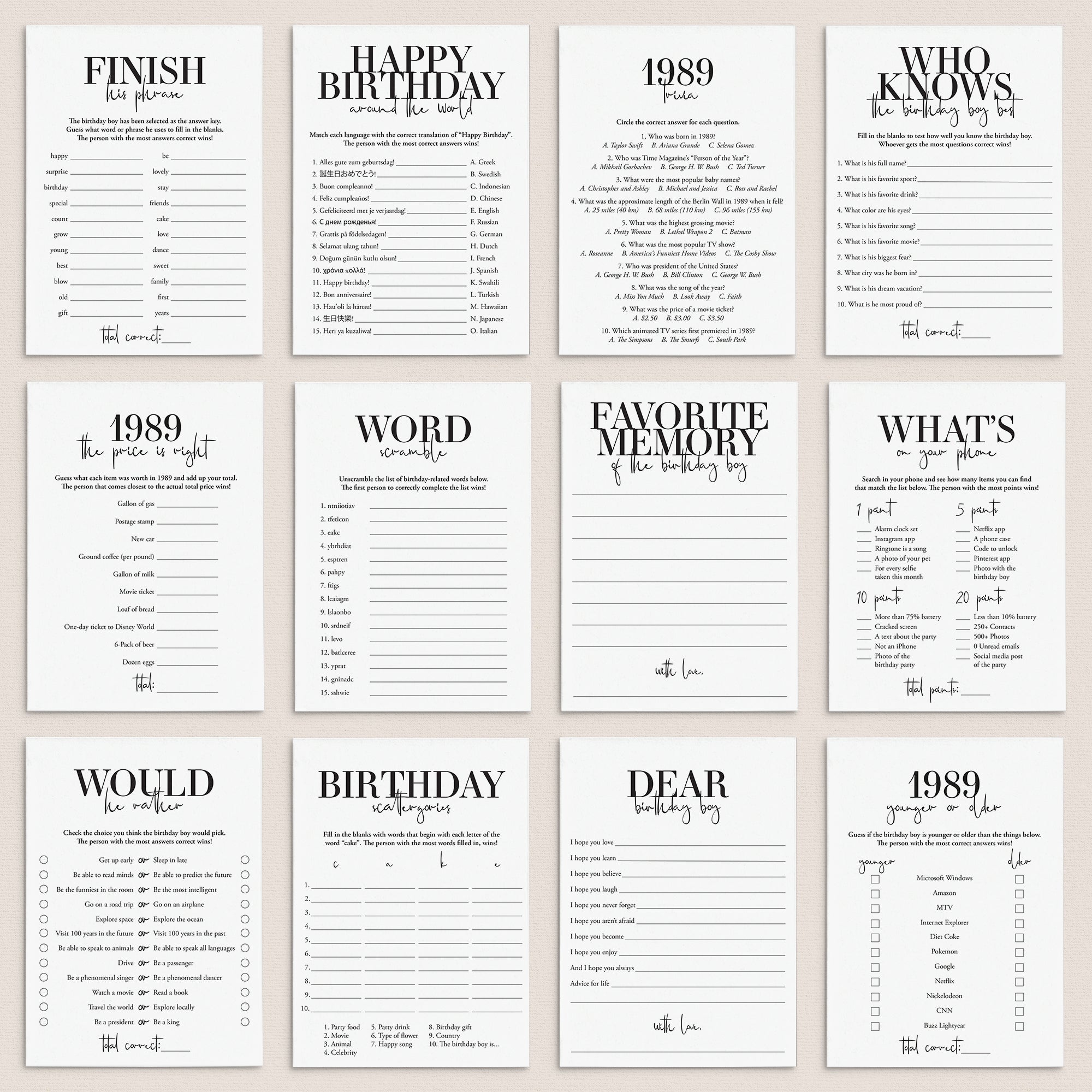 Born in 1989 36th Birthday Party Games Bundle For Men by LittleSizzle