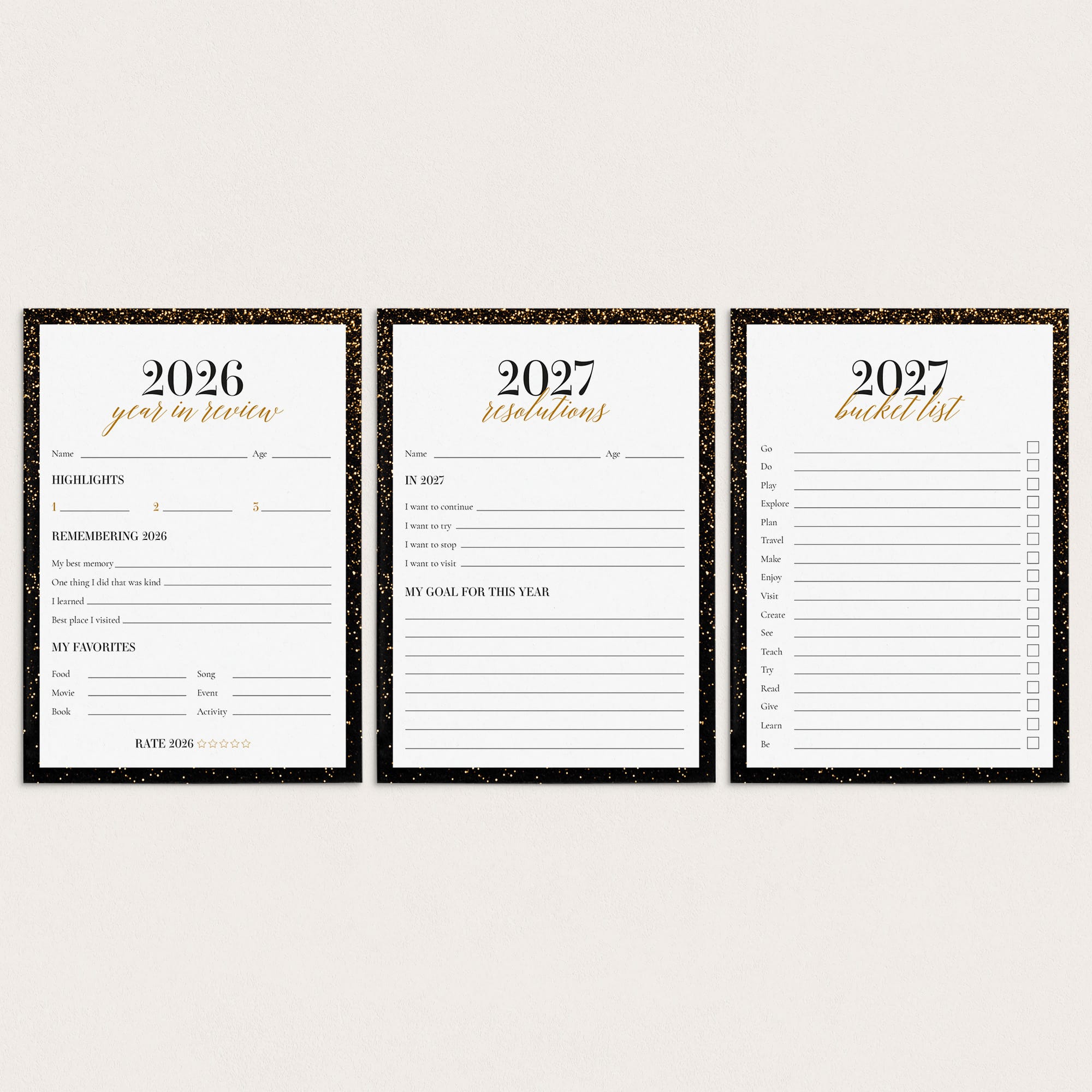 2026/2027 New Years Reflections and Resolutions Cards Printable by LittleSizzle