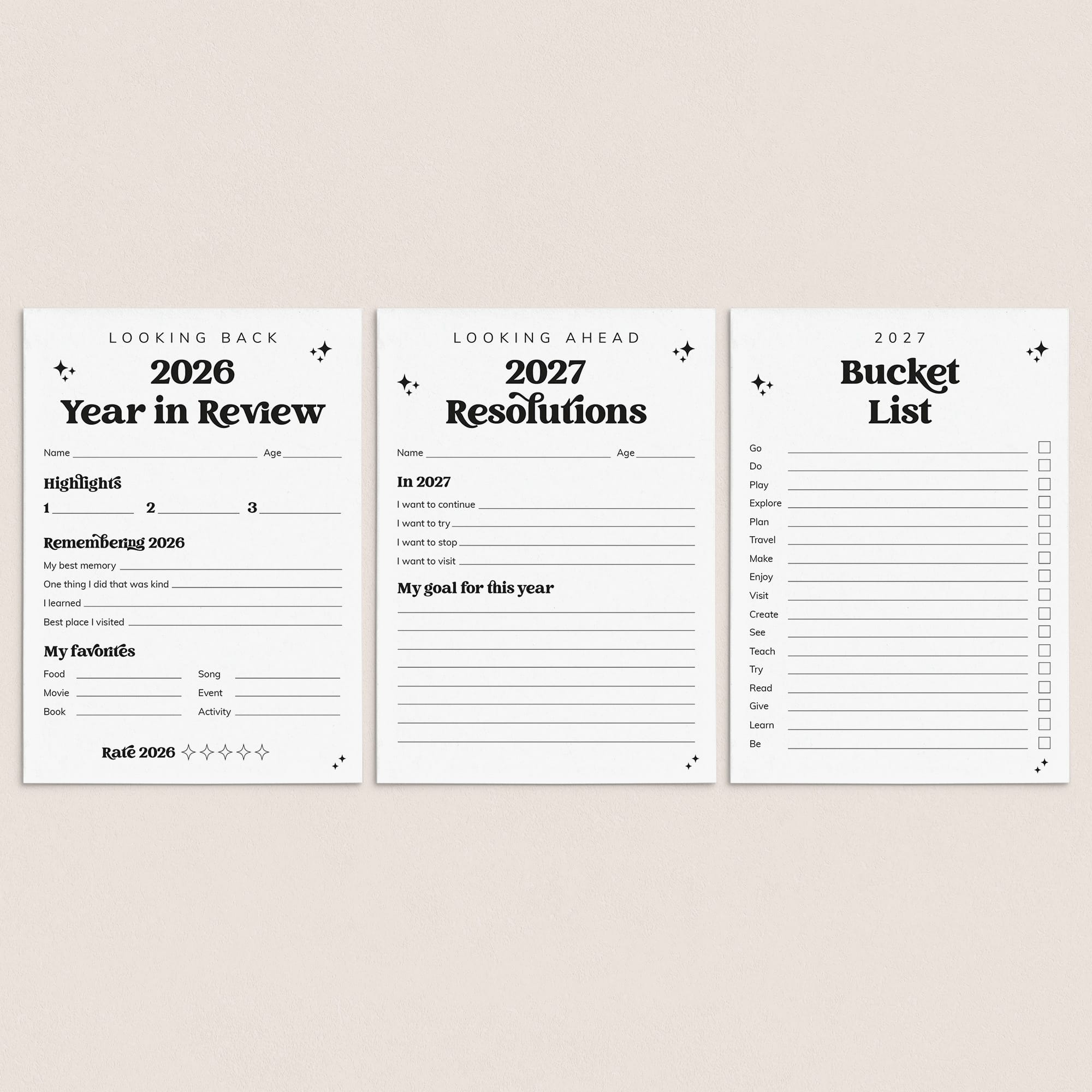 Three minimalist black-and-white printable planner pages for 2026 and 2027, shown on a light beige background. The pages include sections for 'Looking Back' 2026 Year in Review, 'Looking Ahead' 2027 Resolutions, and a 'Bucket List'.