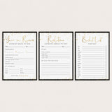 Three black and white stationery cards with gold foil accents, displayed side-by-side on a light beige background. The cards are labeled 'Year in Review', 'Resolutions', and 'Bucket List'.