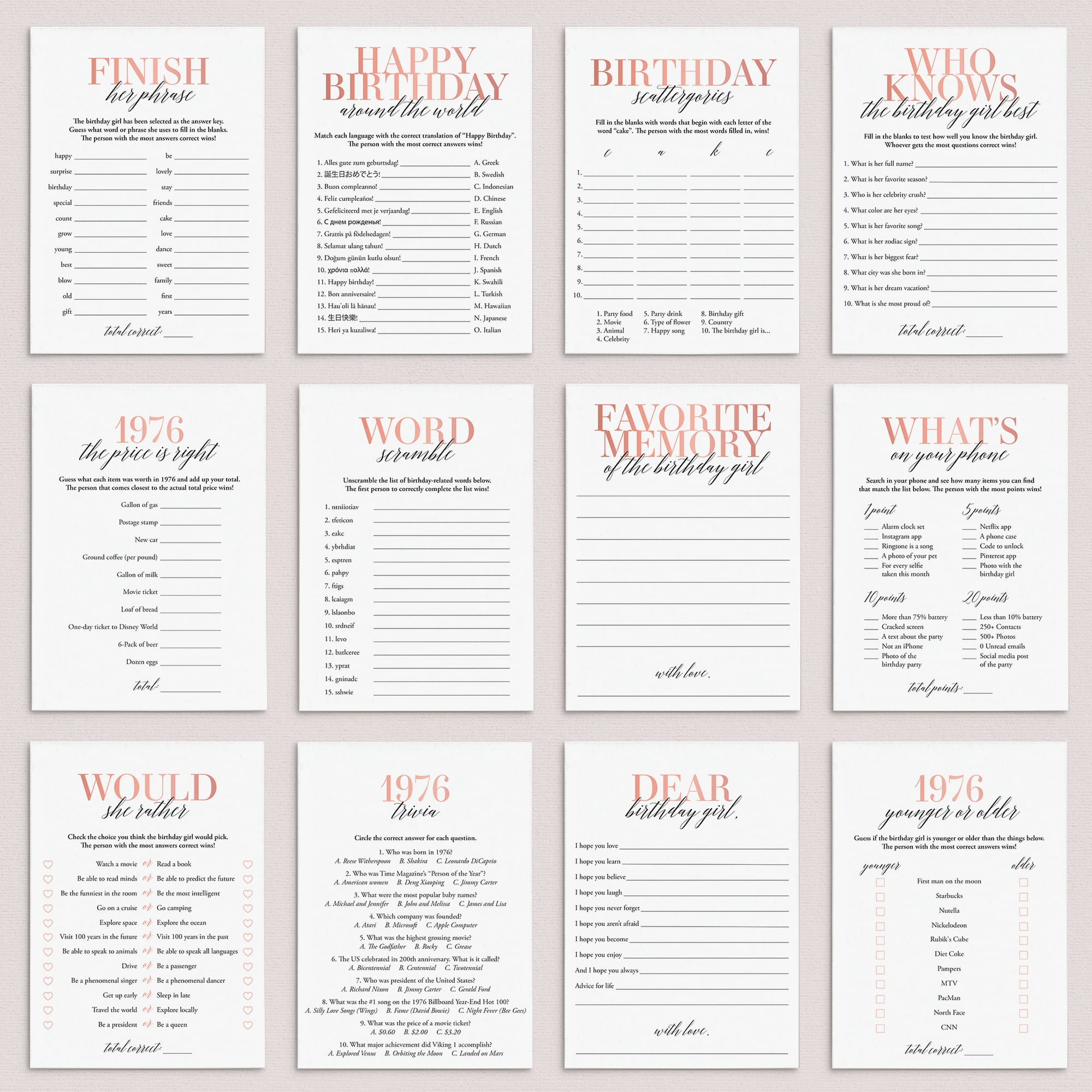 Born In 1976 50th Birthday Party Games Bundle For Women by LittleSizzle