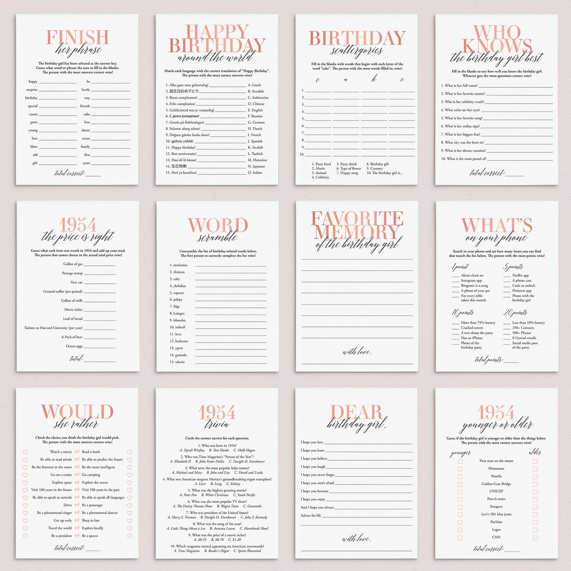 Born In 1954 71st Birthday Party Games Bundle For Women by LittleSizzle