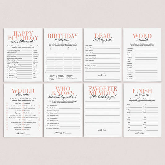 Modern Blush Birthday Games for Her Printable by LittleSizzle