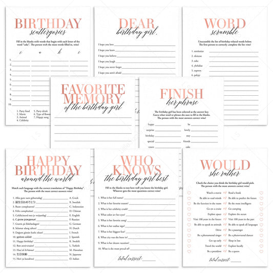 Modern Blush Birthday Games for Her Printable by LittleSizzle