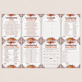 Eight printable friendgiving-themed game cards arranged in a 2x4 grid on a light beige background. The cards feature autumn floral borders, pumpkins, and fall leaves, with titles such as 'Friendgiving Trivia,' 'Graduate A 62,' 'Friendgiving Music Match,' 'What's on your Phone,' 'Would You Rather,' 'Find the Guest,' and 'Most Likely to.
