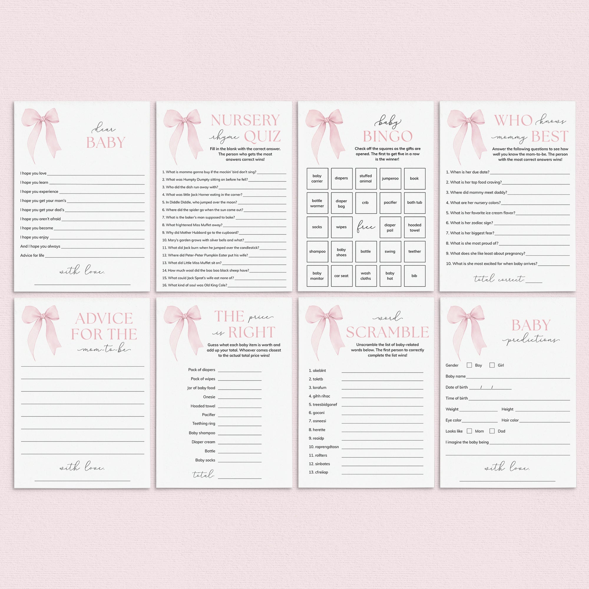 Coquette Baby Shower Games Bundle for Girl Printable by LittleSizzle