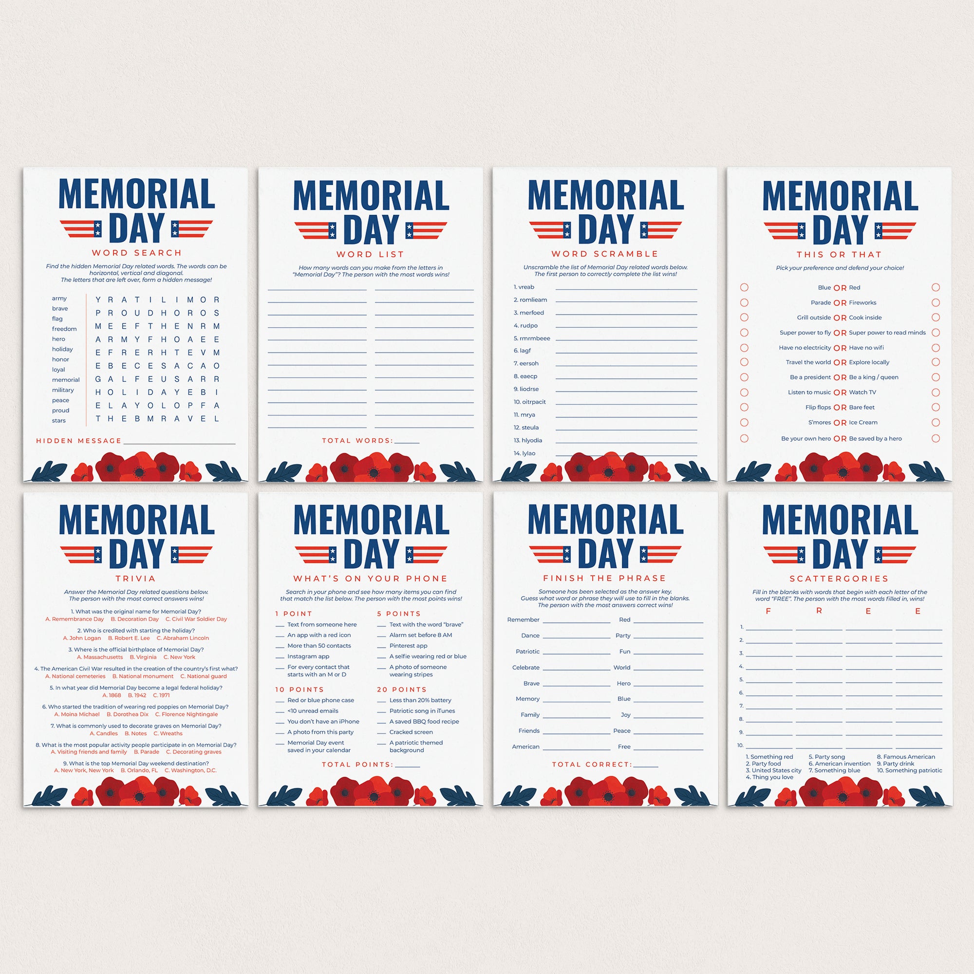 Memorial Day Games for Family Printable by LittleSizzle