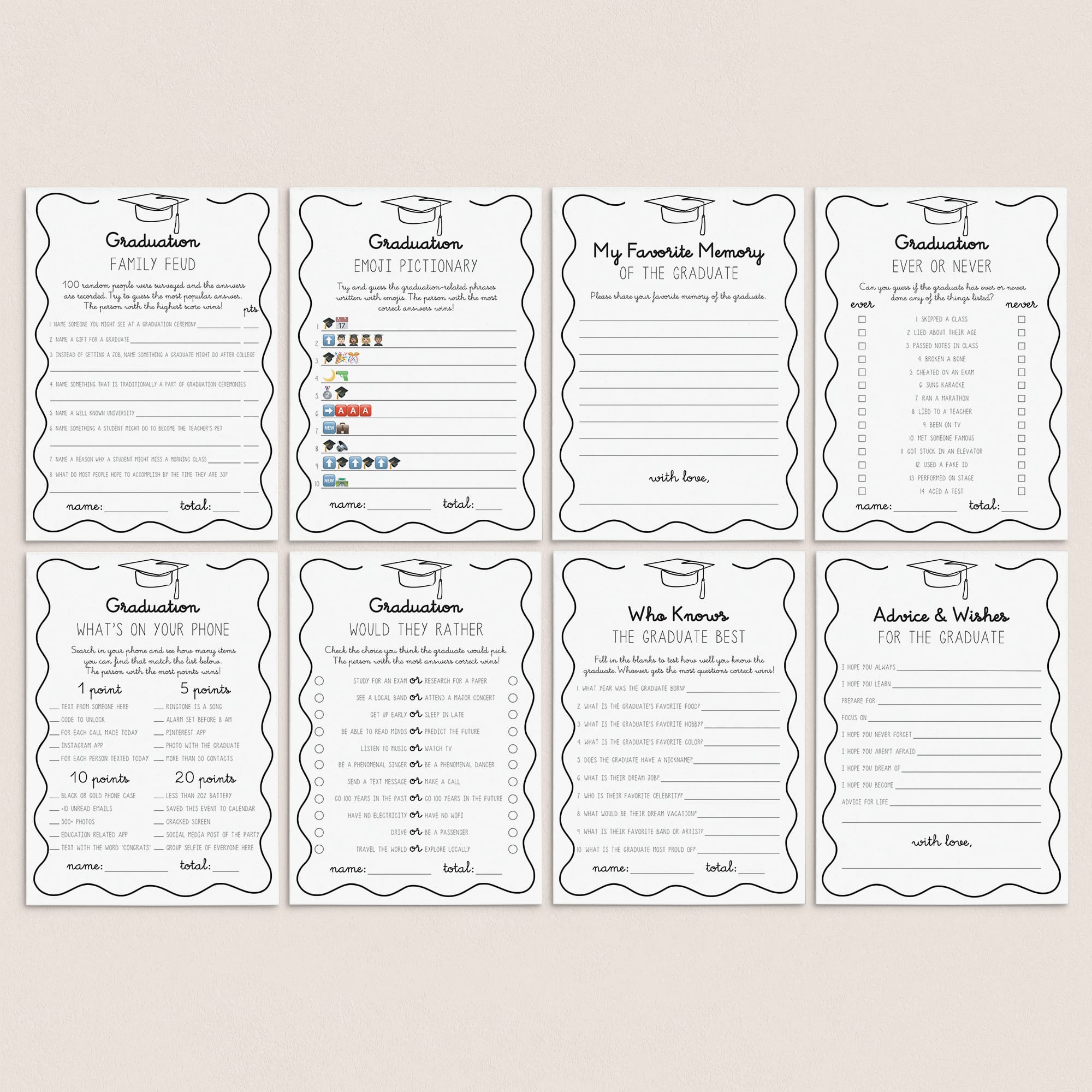 Wavy Border Grad Party Games Bundle Printable by LittleSizzle