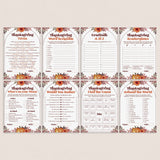 Six printable Thanksgiving-themed activity sheets arranged in a 2x3 grid on a light beige background. The sheets include trivia, word scramble, a 60-second game, scattergories, a theme worksheet, and a world-travel fact game.