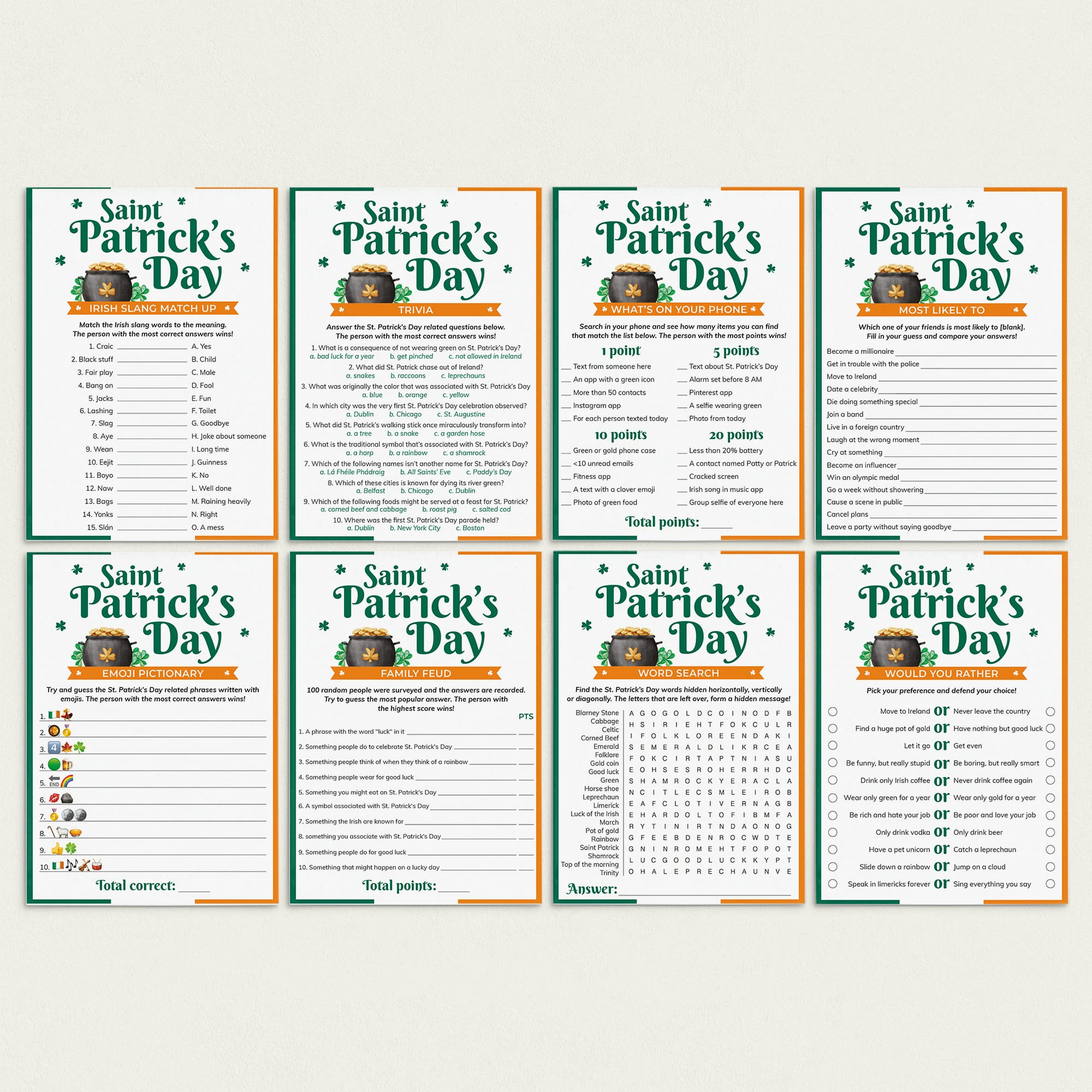 St Patricks Day Game Bundle Printable Green and Orange by LittleSizzle