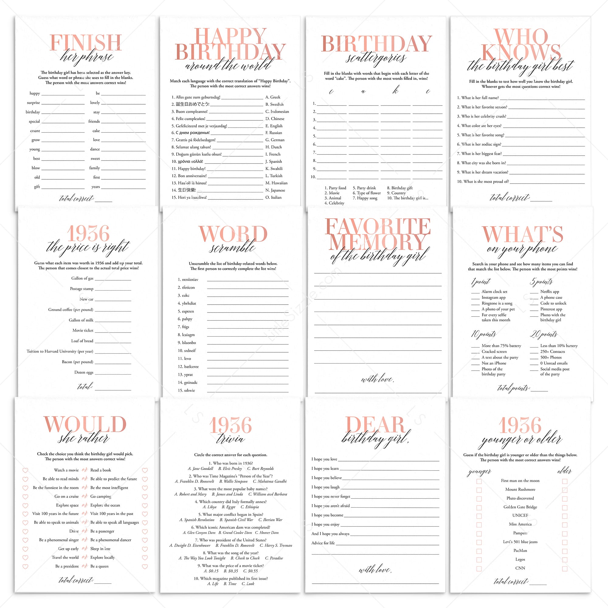 Born In 1936 90th Birthday Party Games Bundle For Women by LittleSizzle