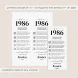 40th Birthday Place Cards Personalized Back in 1986 Facts Printable