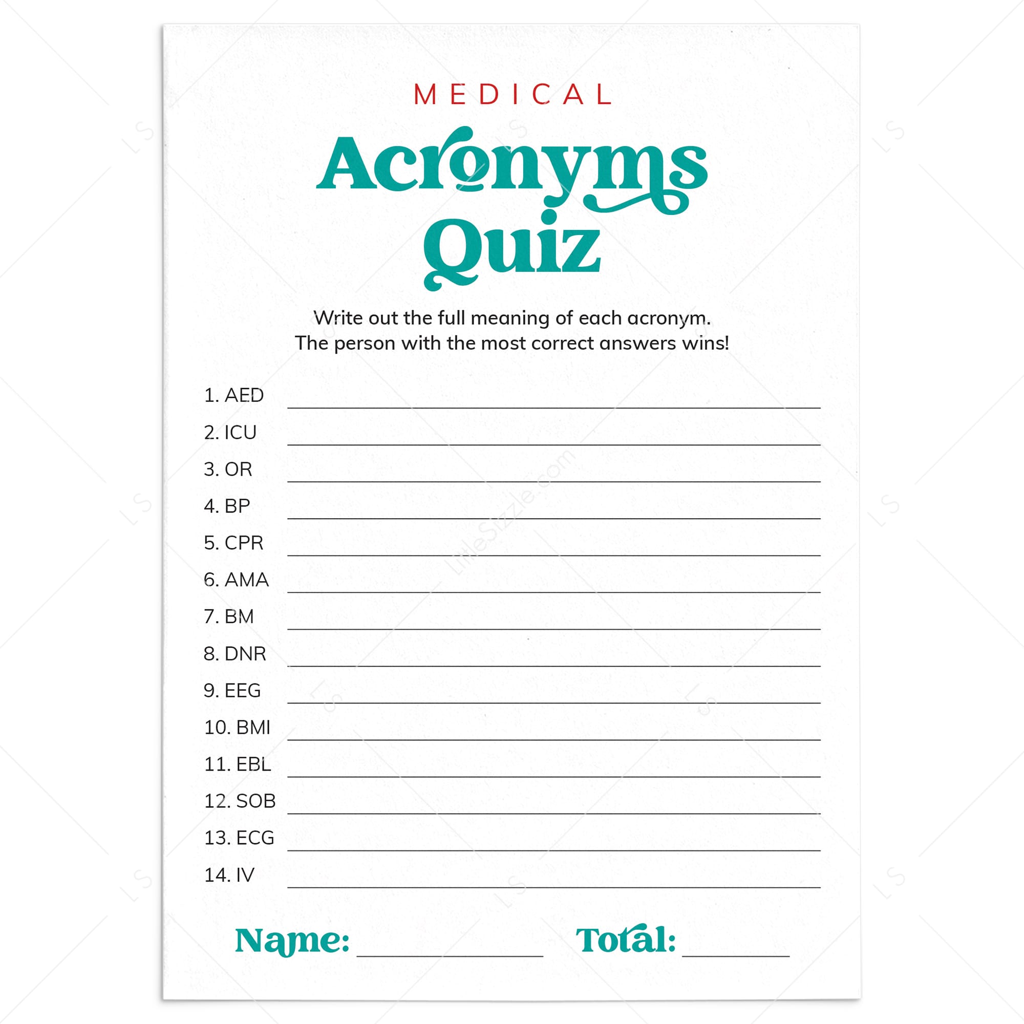 Medical Acronyms Quiz with Answer Key Printable by LittleSizzle