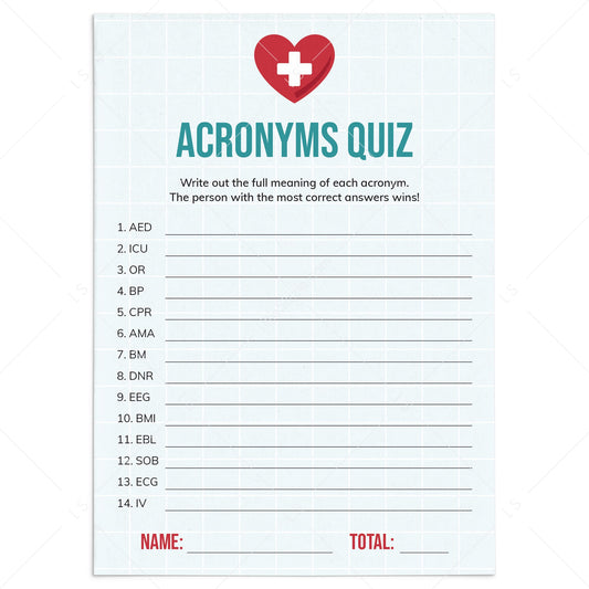 Nurse Party Acronyms Quiz with Answers Printable by LittleSizzle