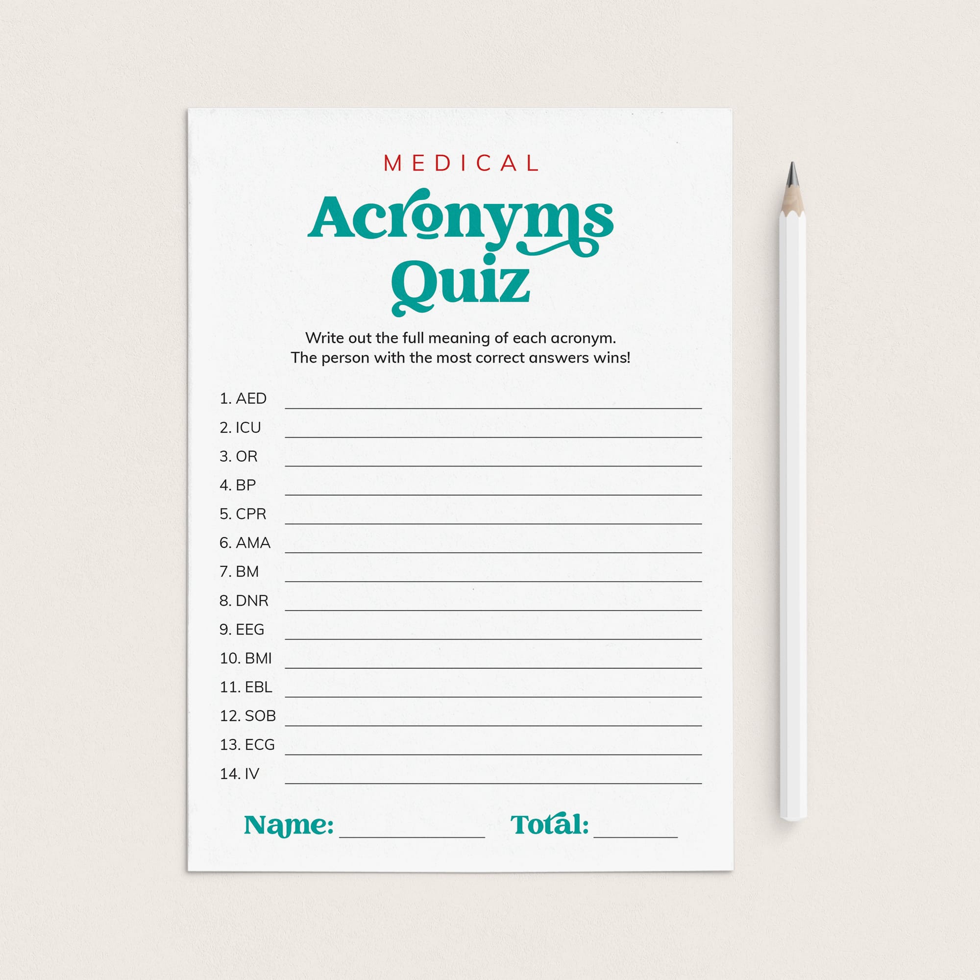 Medical Acronyms Quiz with Answer Key Printable by LittleSizzle