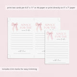 Pink Bow Girl Baby Shower Advice for Mom Cards Printable