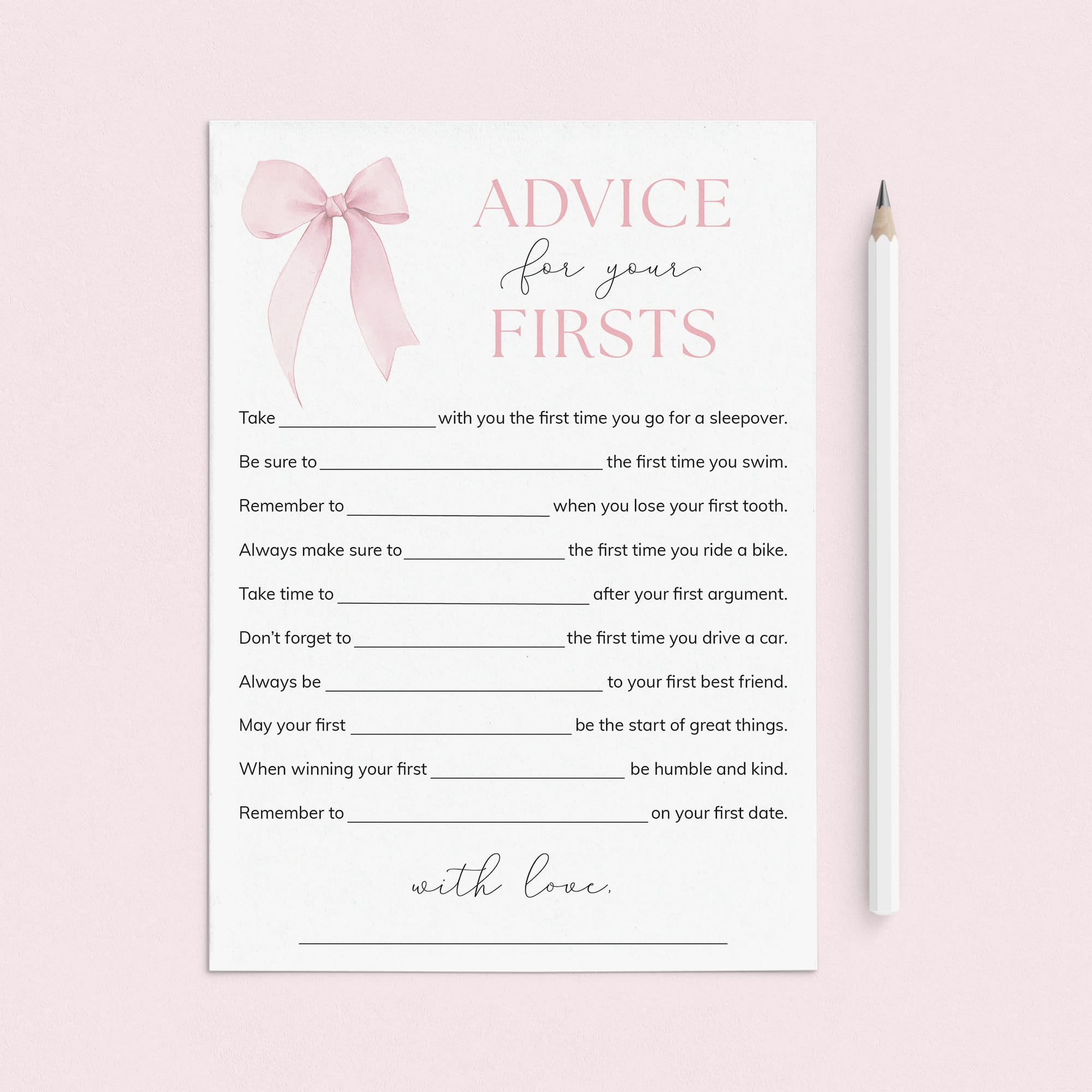 Pink Bow Themed First Birthday Party Advice Cards Printable by LittleSizzle