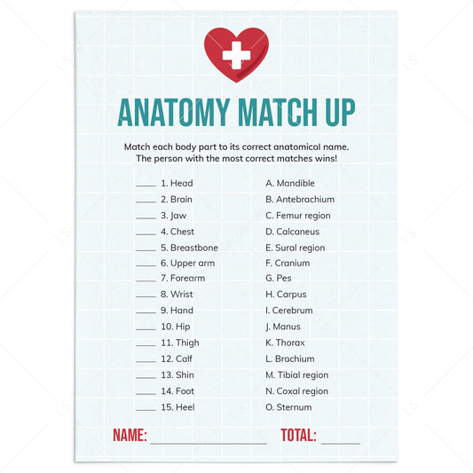 Anatomical Names Match Up Game with Answer Key Printable by LittleSizzle