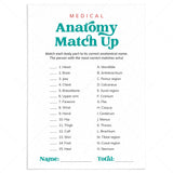 Medical Party Game Anatomy Match Up with Answers Printable