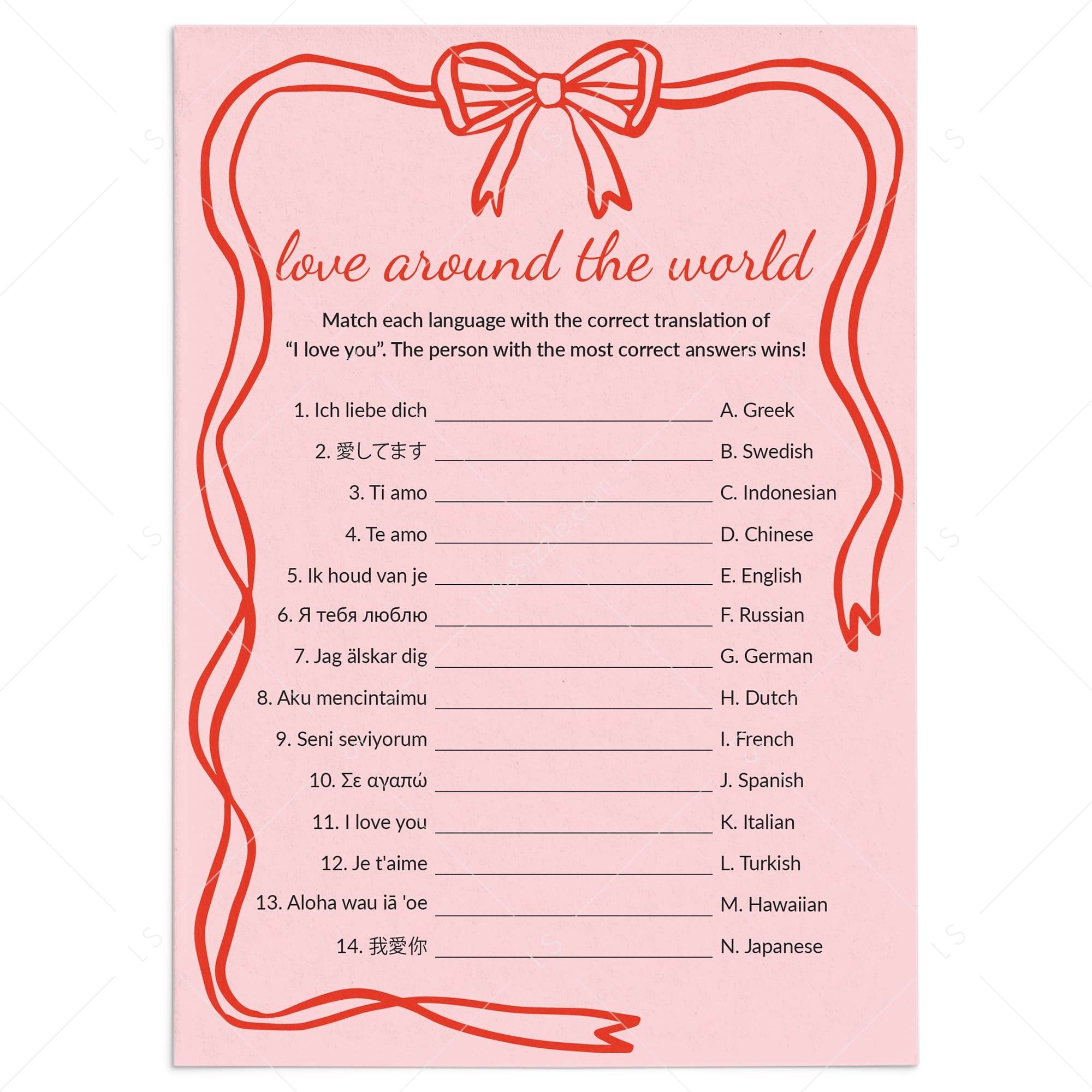 Love Around The World Quiz with Answers Digital Download by LittleSizzle