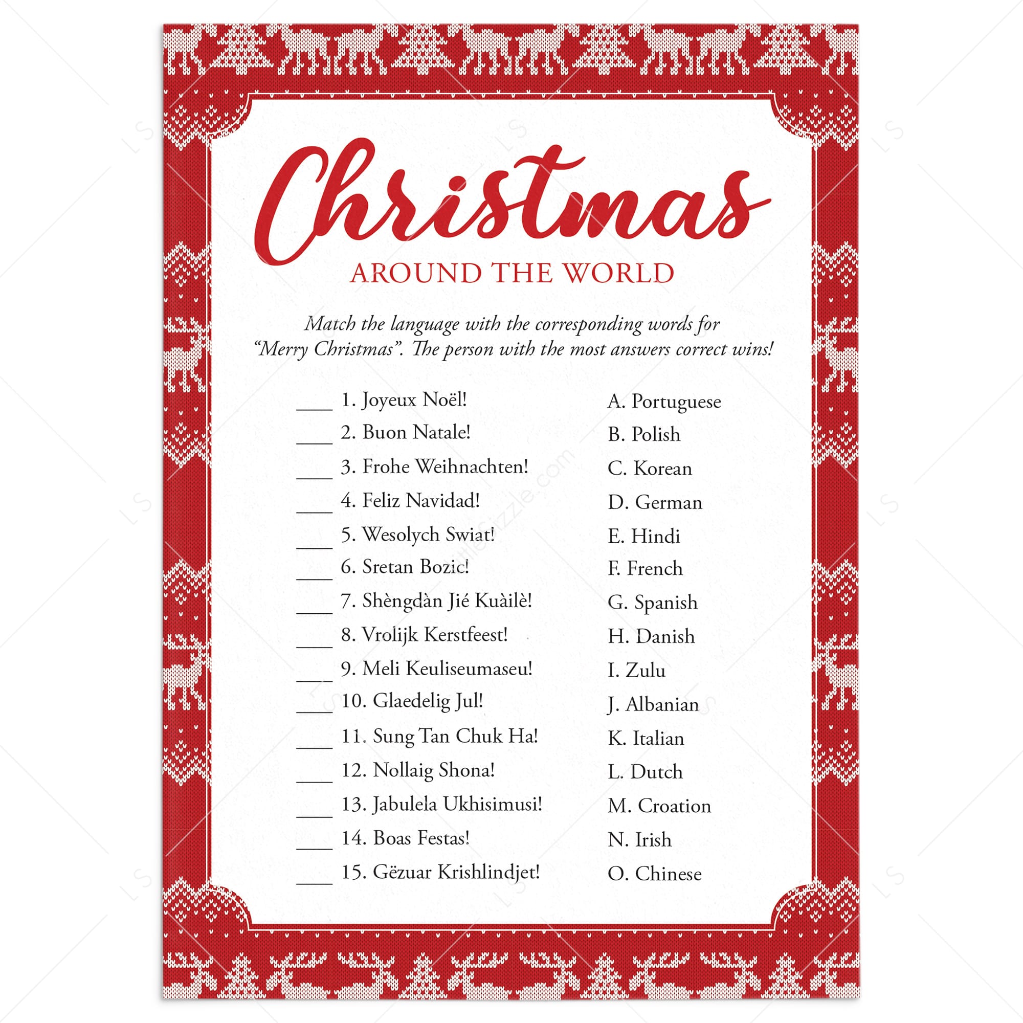 Merry Christmas In Different Languages Quiz with Answers Printable by LittleSizzle