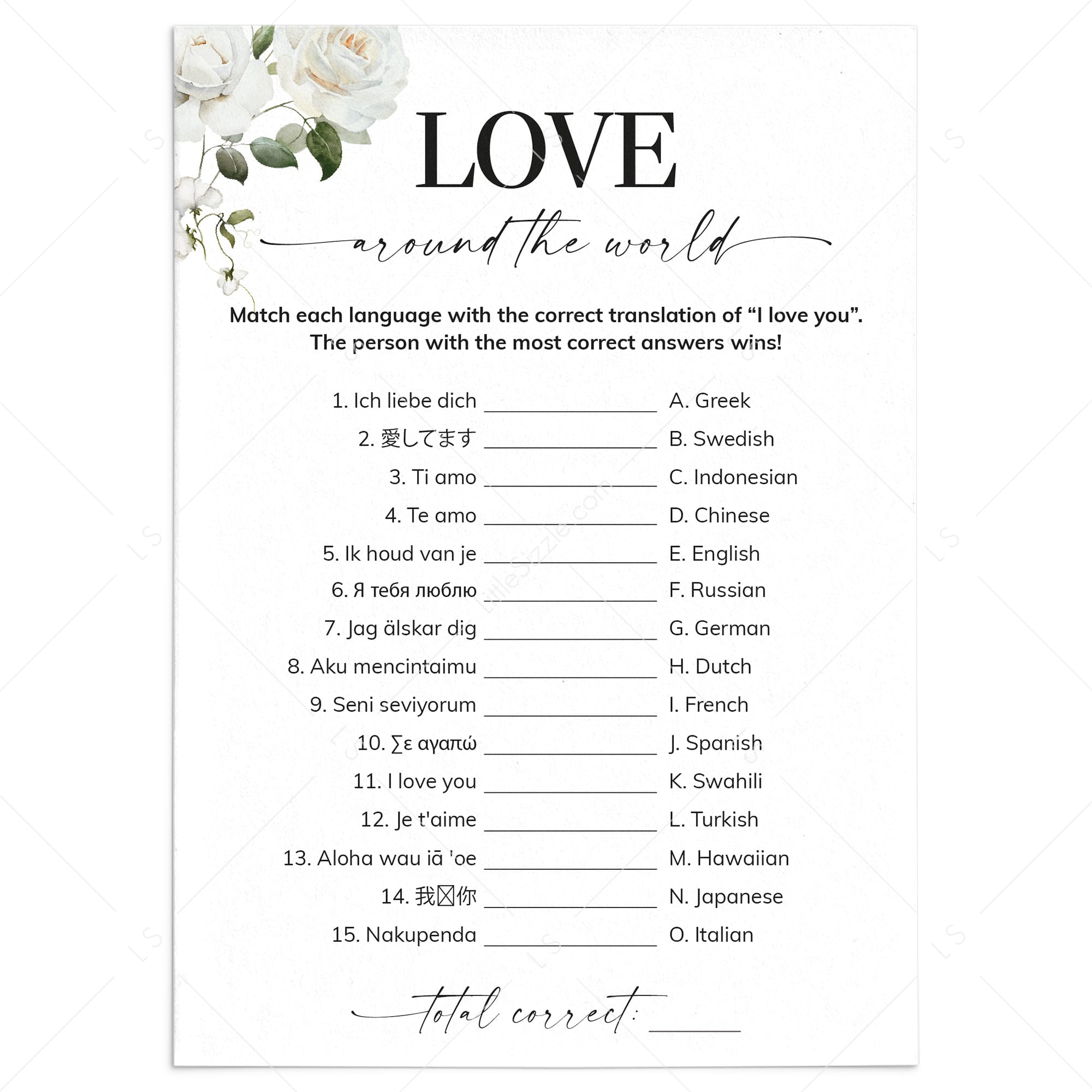 White Floral Game I Love You Around The World Answers Included by LittleSizzle