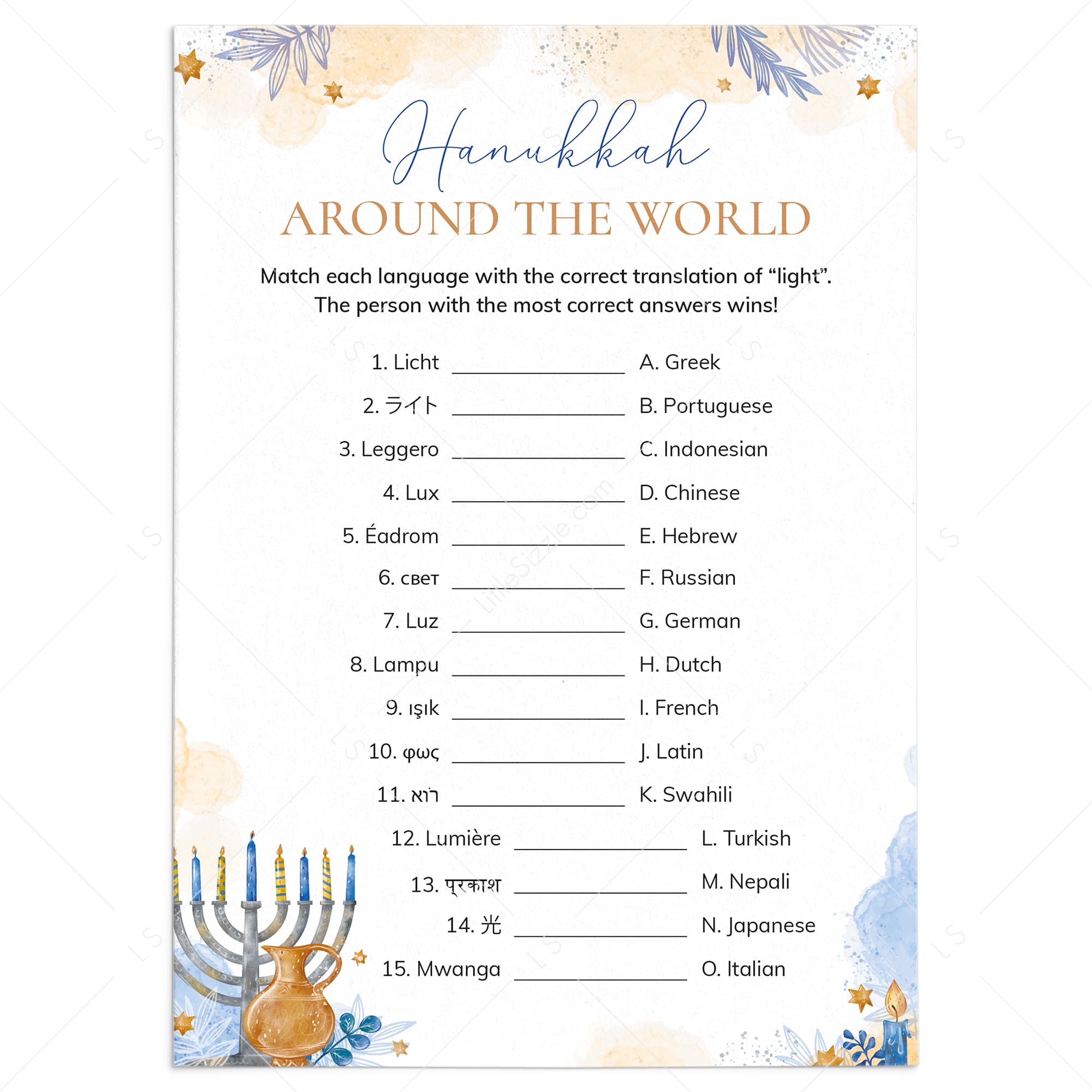 Hanukkah Table Game Card Around The World Printable by LittleSizzle