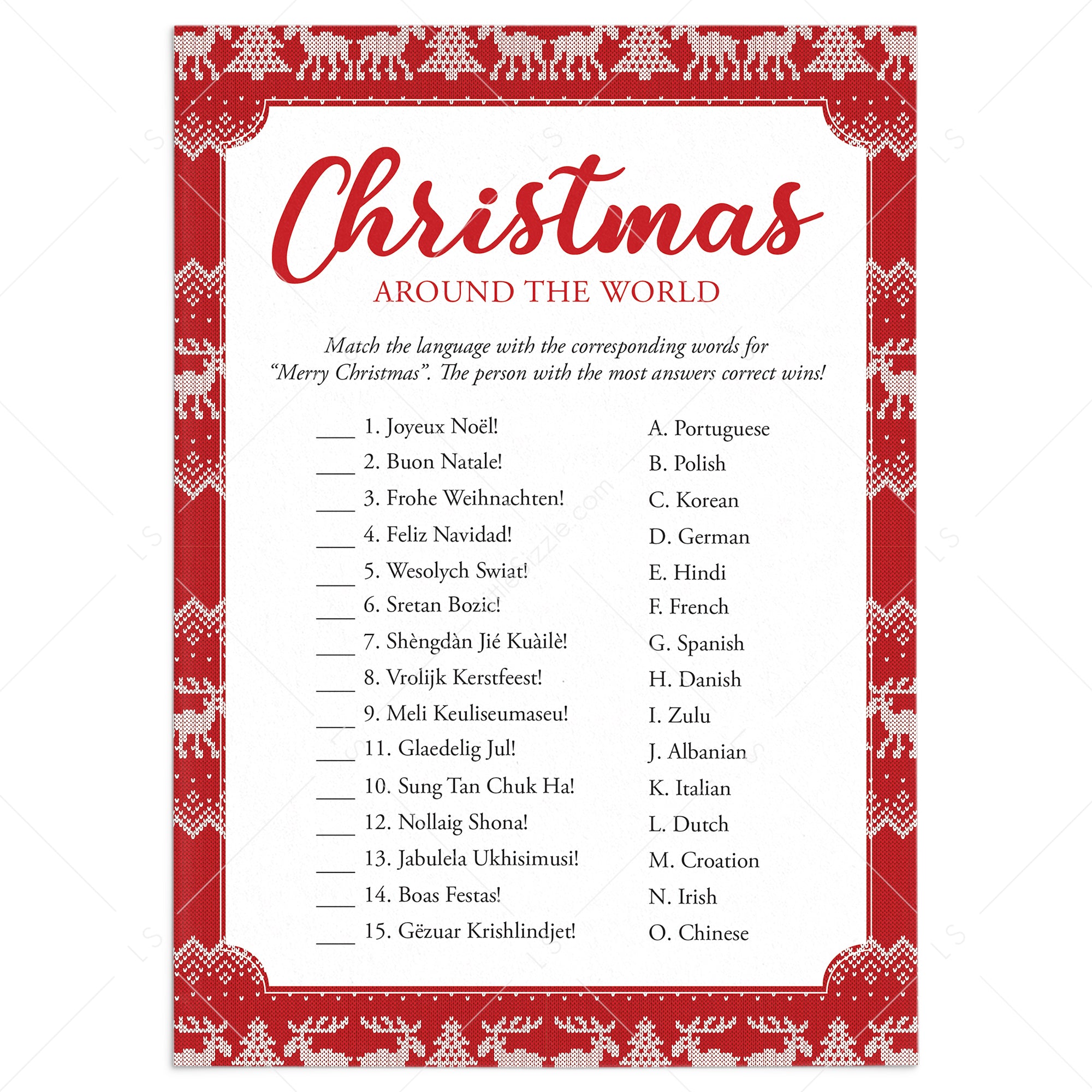 Merry Christmas In Different Languages Quiz with Answers Printable by LitlleSizzle