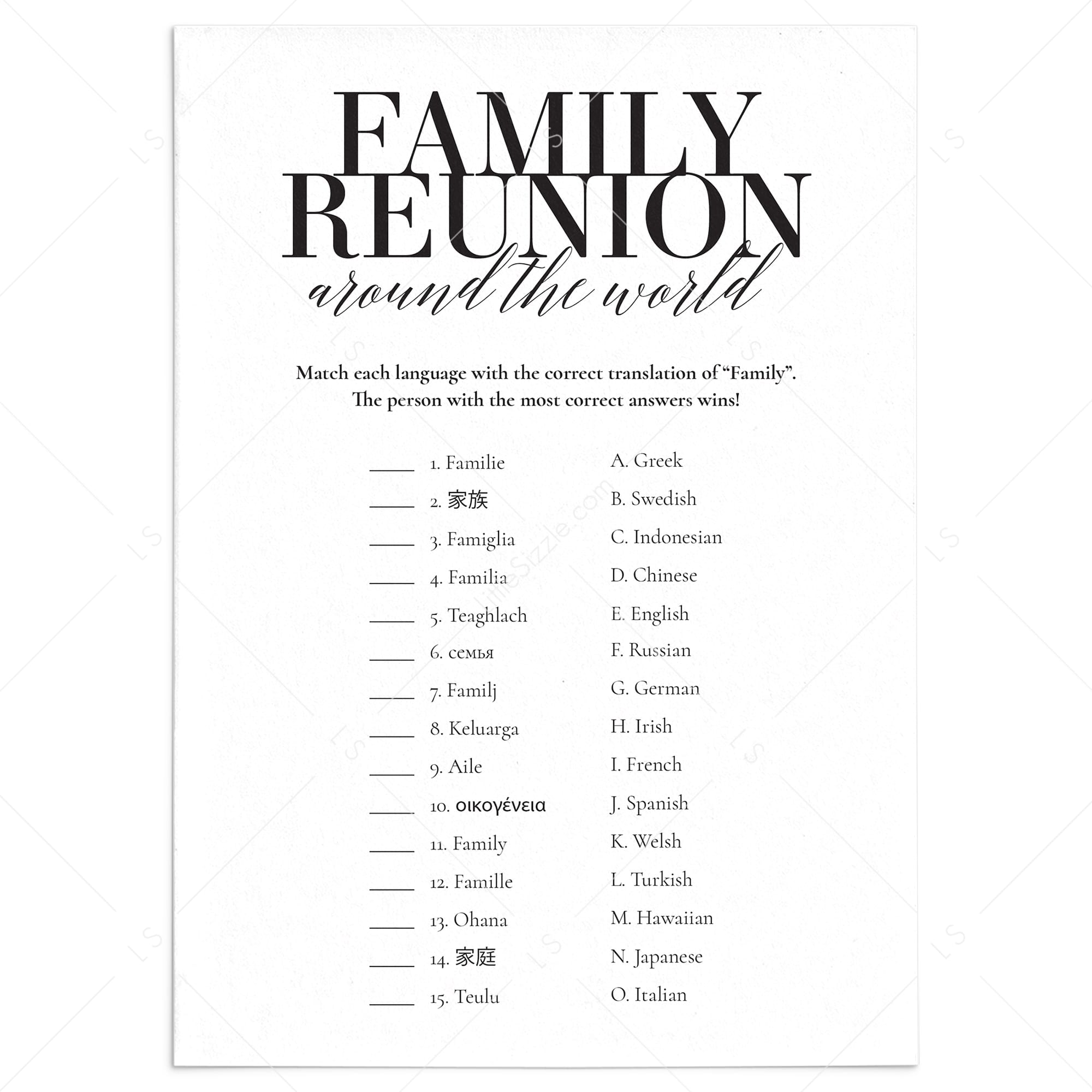 Family Reunion Game Family In Different Languages with Answers Printable by LittleSizzle