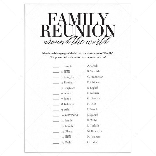 Family Reunion Game Family In Different Languages with Answers Printable by LittleSizzle