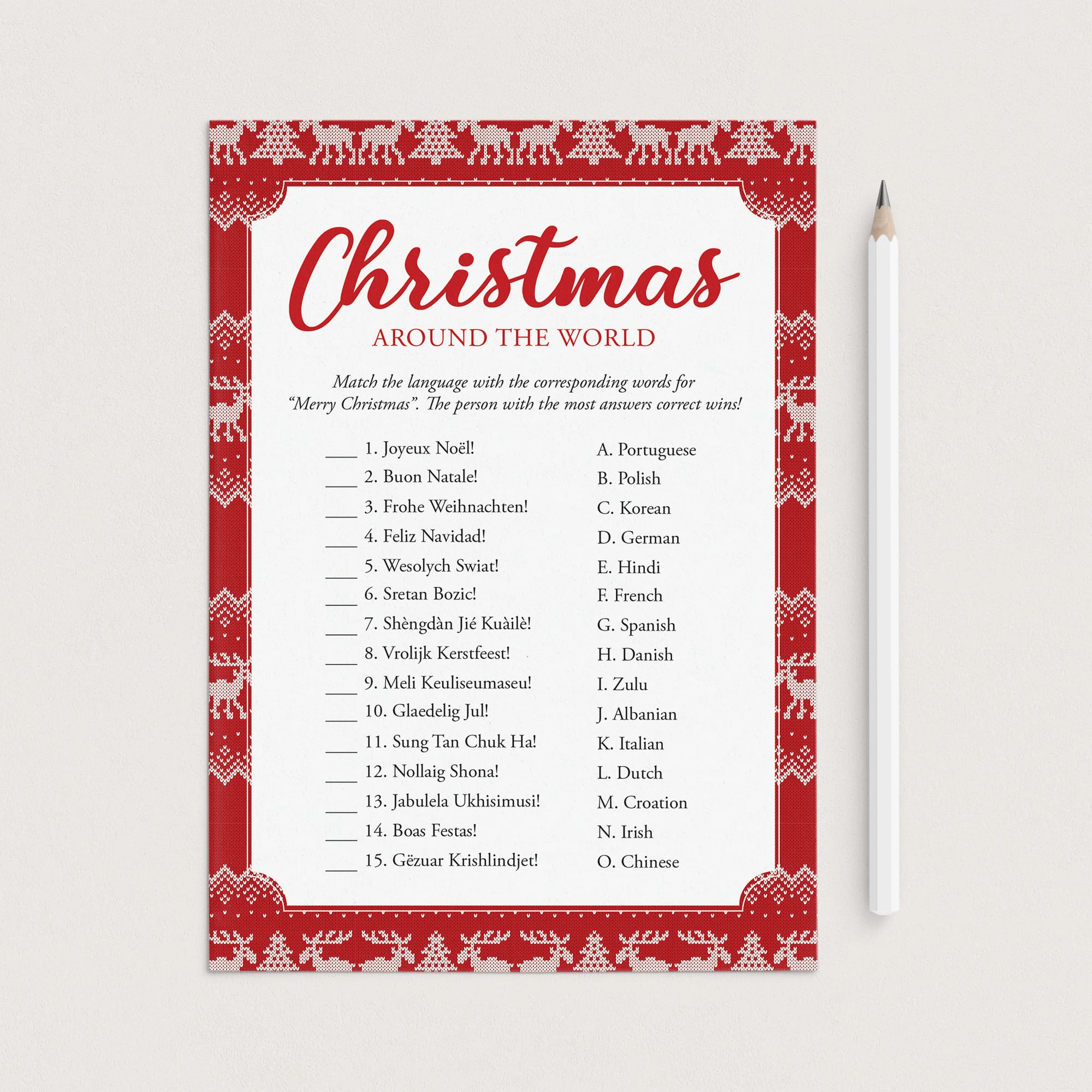 Merry Christmas In Different Languages Quiz with Answers Printable by LittleSizzle
