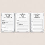 Three printable planner pages for 2026 and 2027 displayed side by side on a light beige background. The pages feature elegant gray and black borders with classic typography, including sections for '2026 Year in Review', '2027 Resolutions', and '2027 Bucket List'.