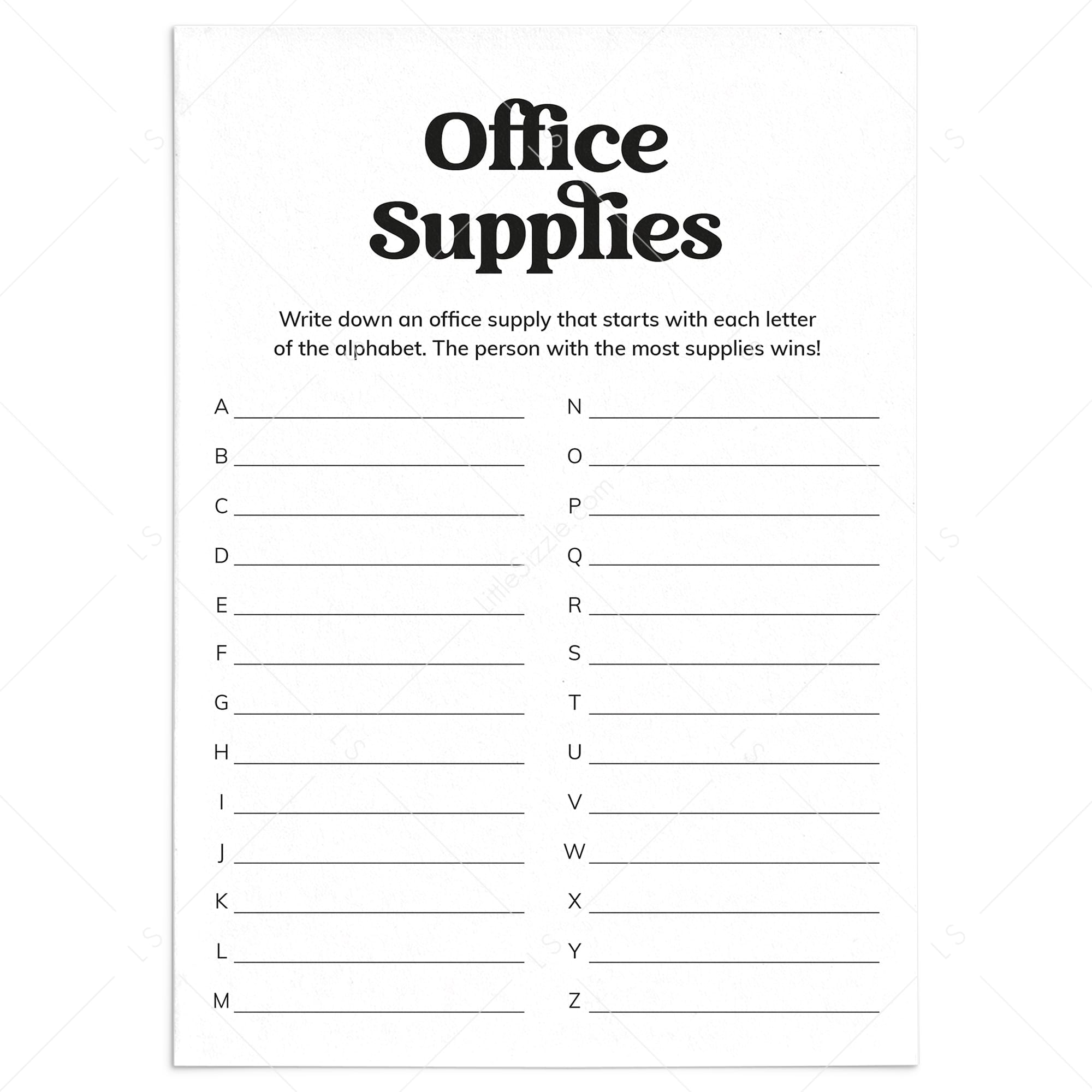 Easy Work Party Game Office Supplies A-Z Printable by LittleSizzle