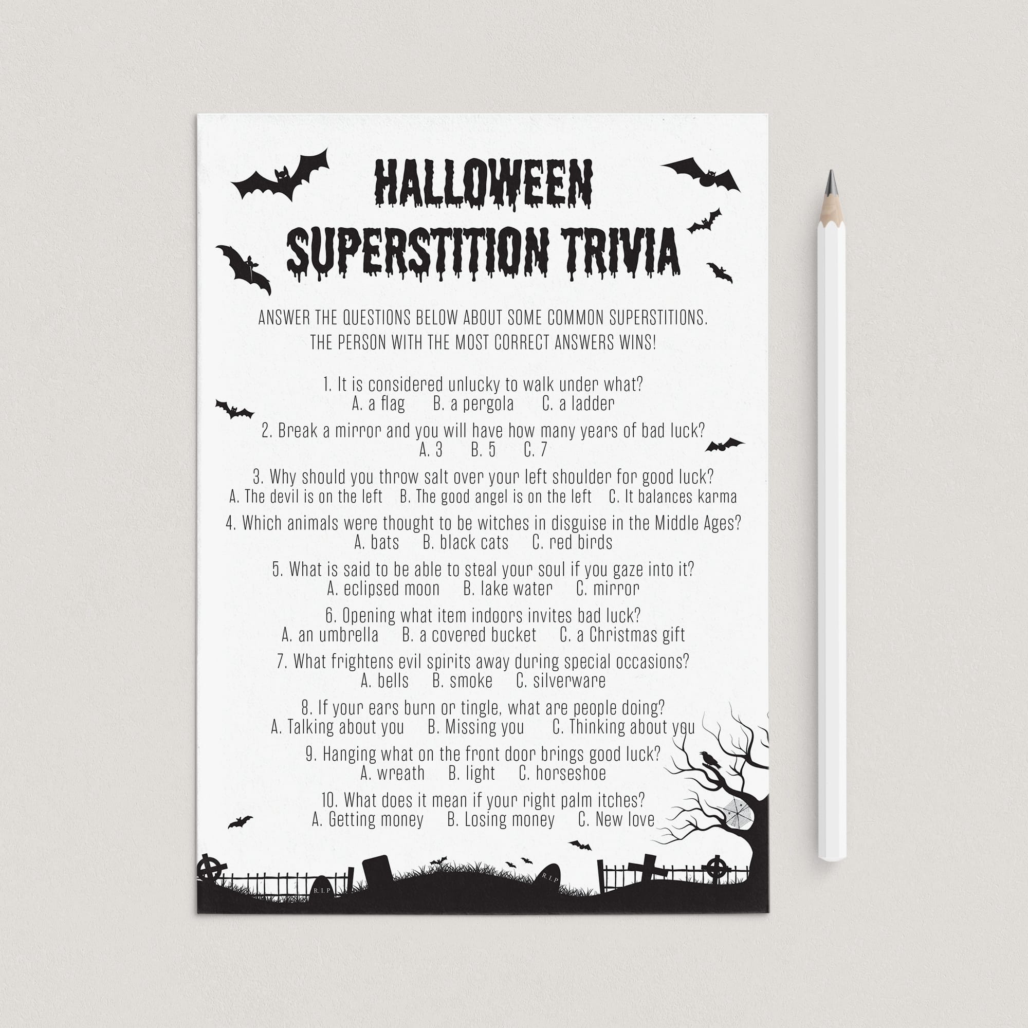 Black Halloween Trivia Quiz Questions and Answers Printable by LittleSizzle