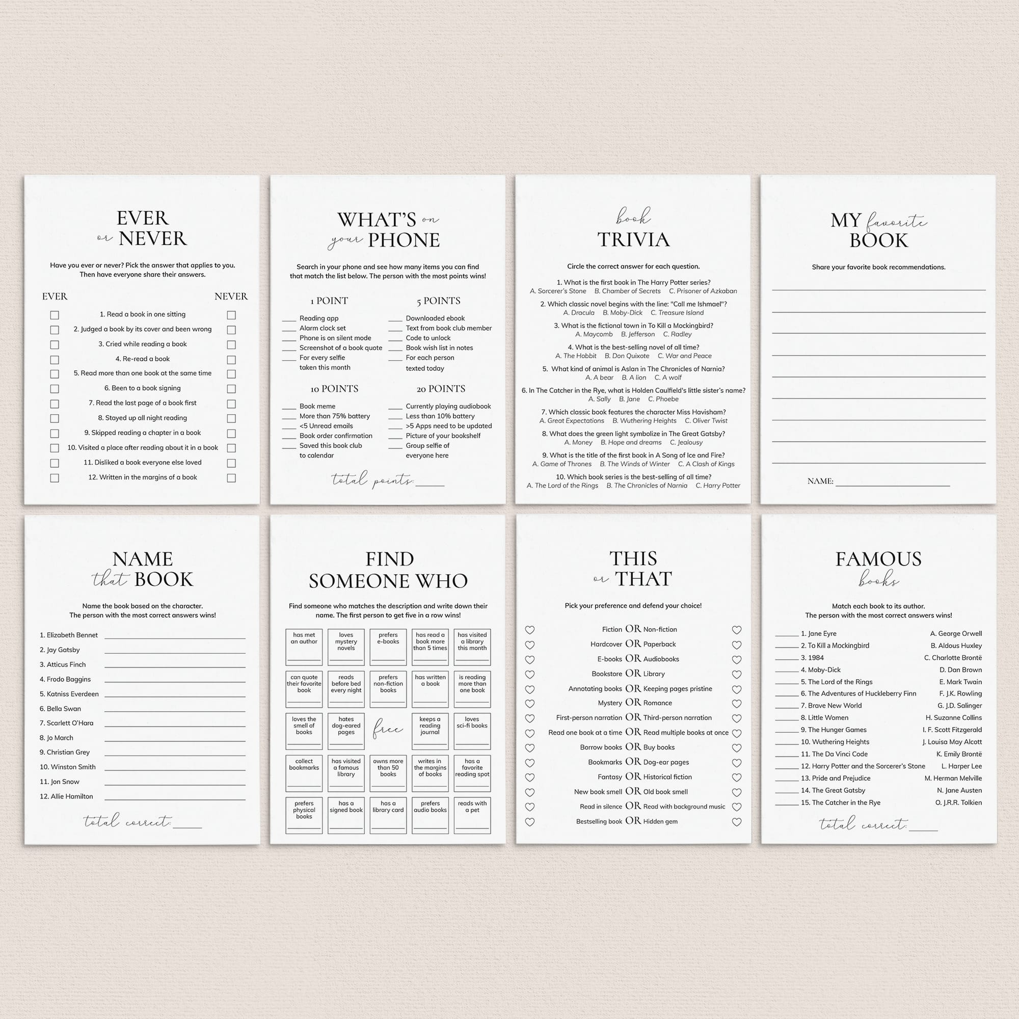 8 Book Club Games Printable Icebreakers for Book Club by LittleSizzle