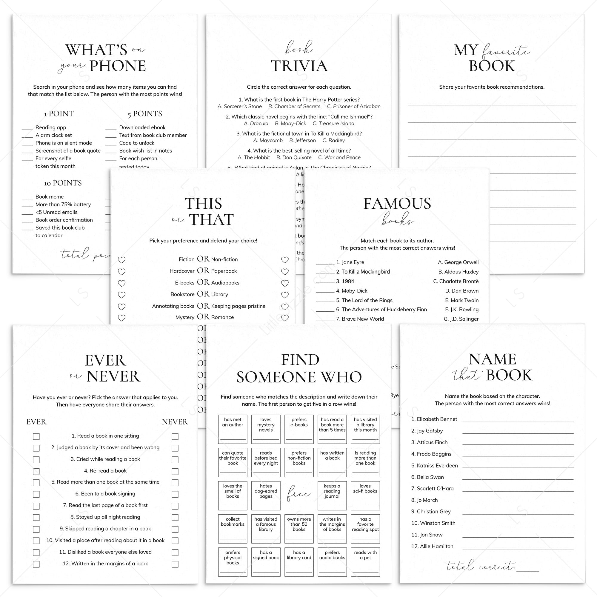 8 Book Club Games Printable Icebreakers for Book Club by LittleSizzle