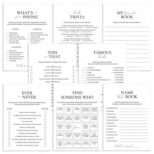 8 Book Club Games Printable Icebreakers for Book Club by LittleSizzle