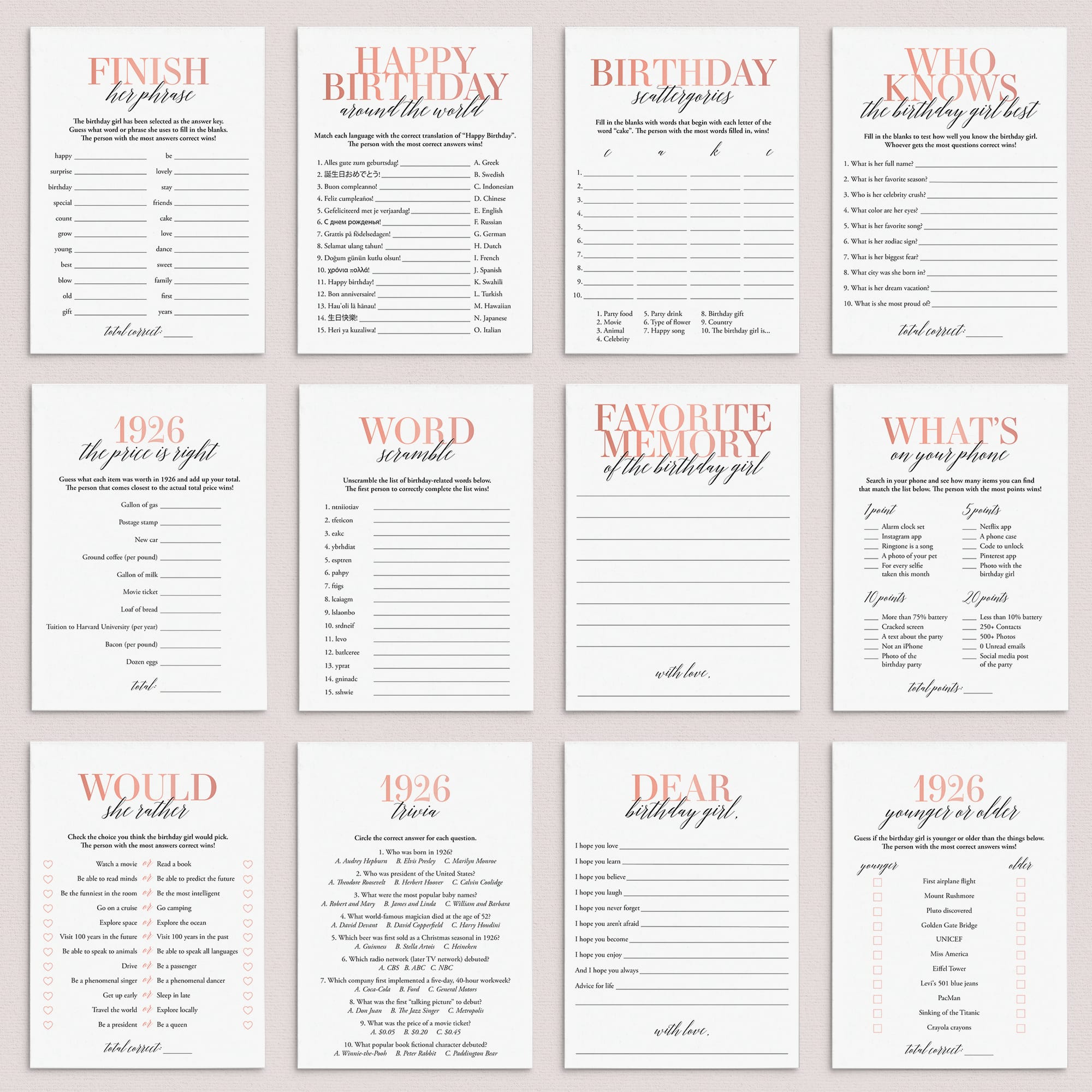 Born In 1926 100th Birthday Party Games Bundle For Women by LittleSizzle