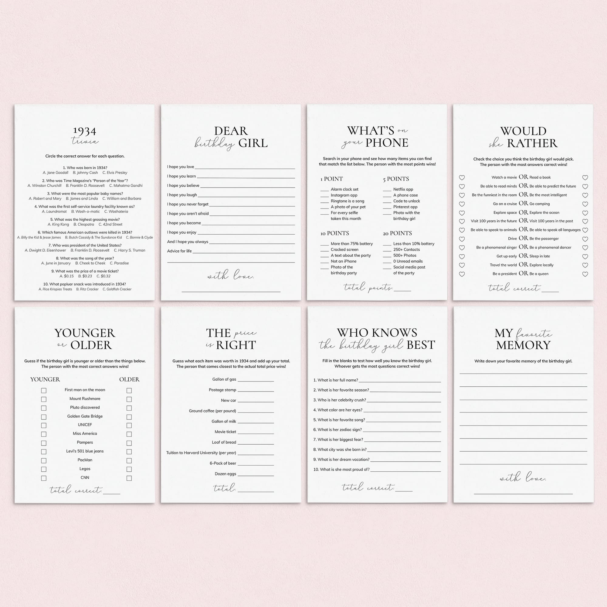 Born in 1934 Birthday Games for Her Printable by LittleSizzle