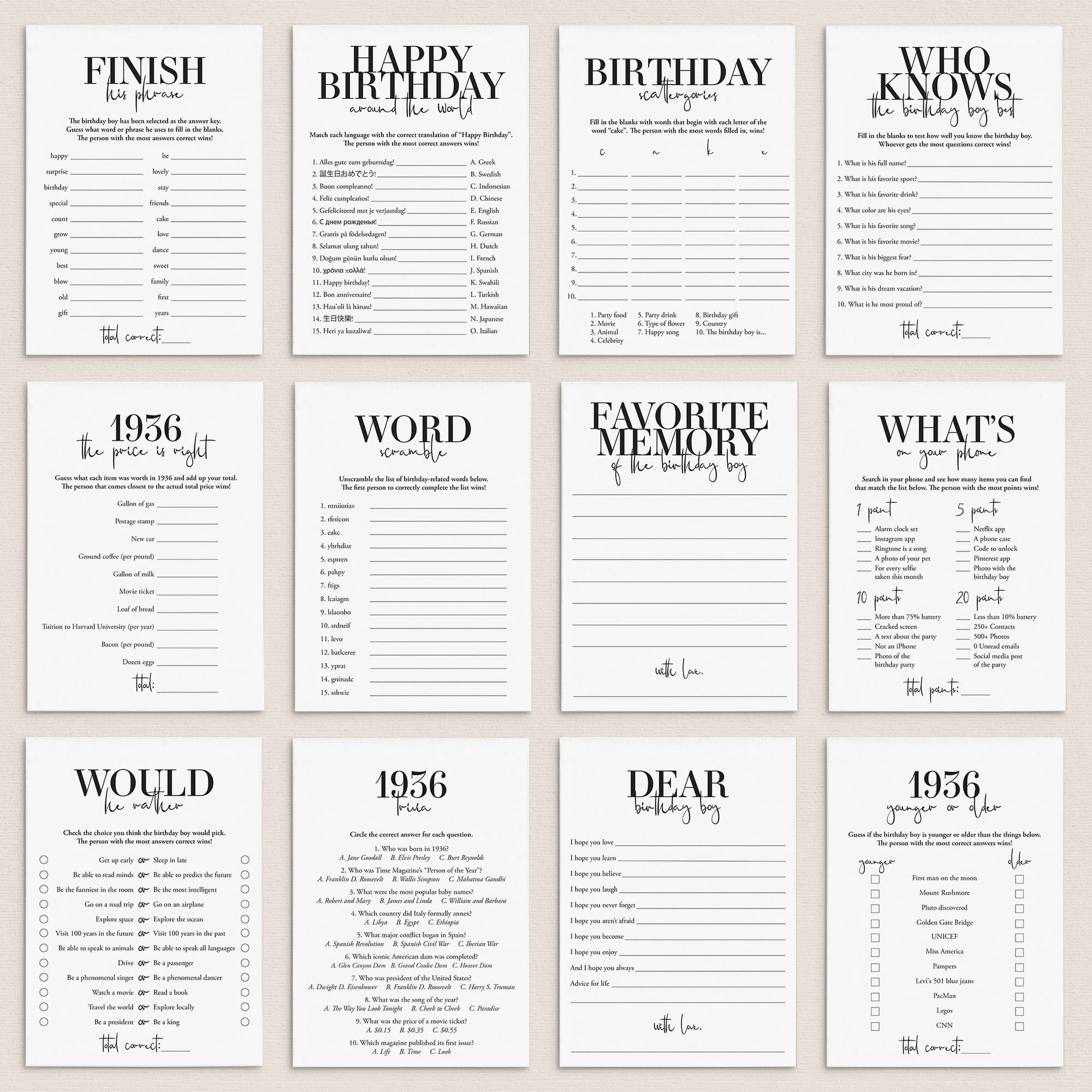 Born in 1936 90th Birthday Party Games Bundle For Men by LittleSizzle