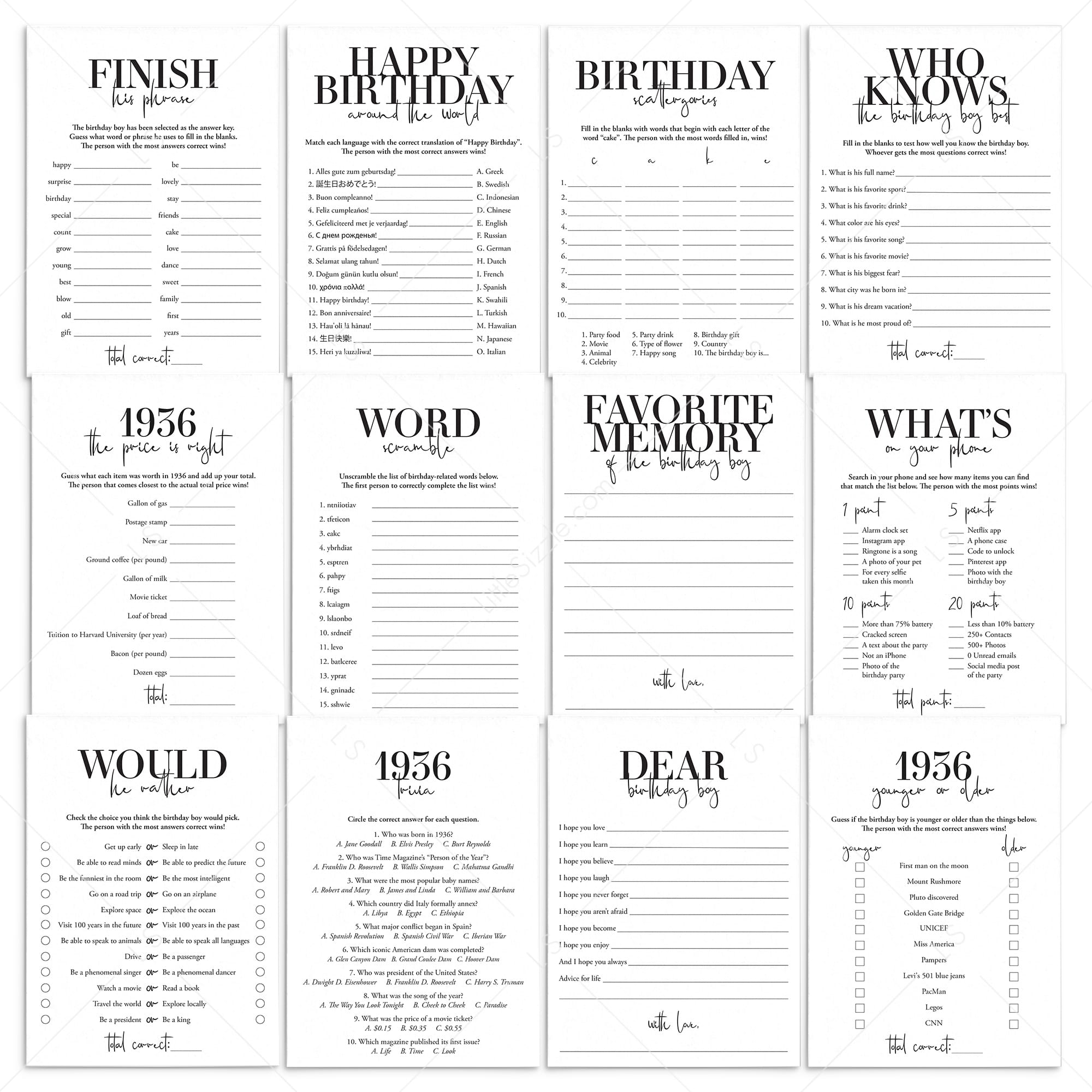 Born in 1936 90th Birthday Party Games Bundle For Men by LittleSizzle