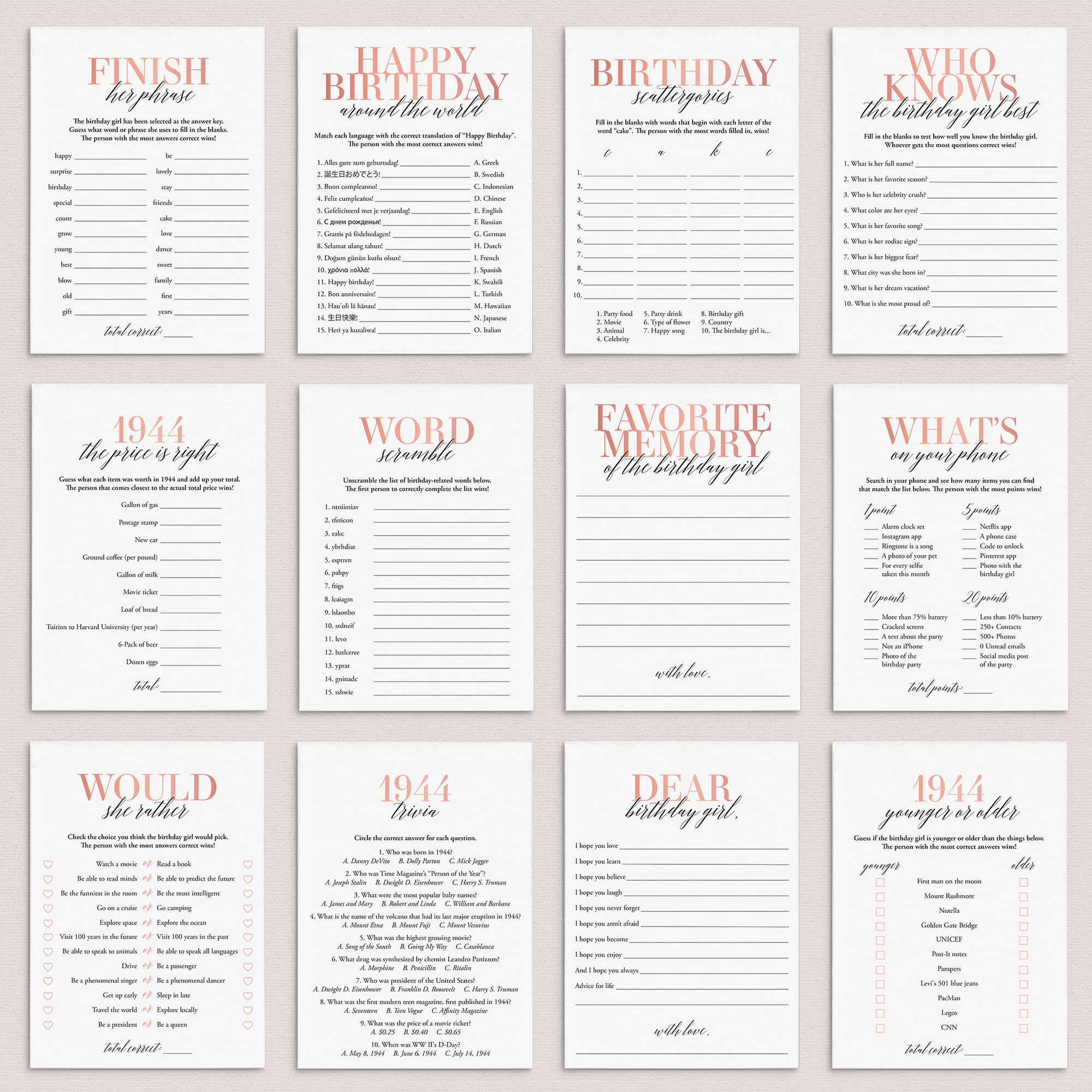 Born In 1944 81st Birthday Party Games Bundle For Women by LittleSizzle